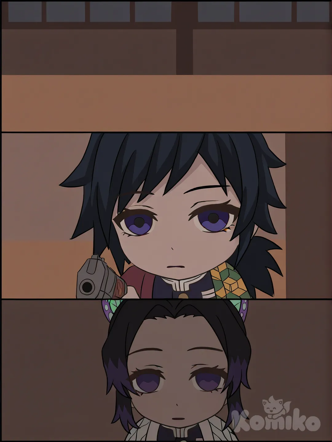 holding gun, @Tomioka_Giyuu, depressed, full body, side light, restaurant, [close-look-style], disappointed, cafe, church, field, @Kochou_Shinobu