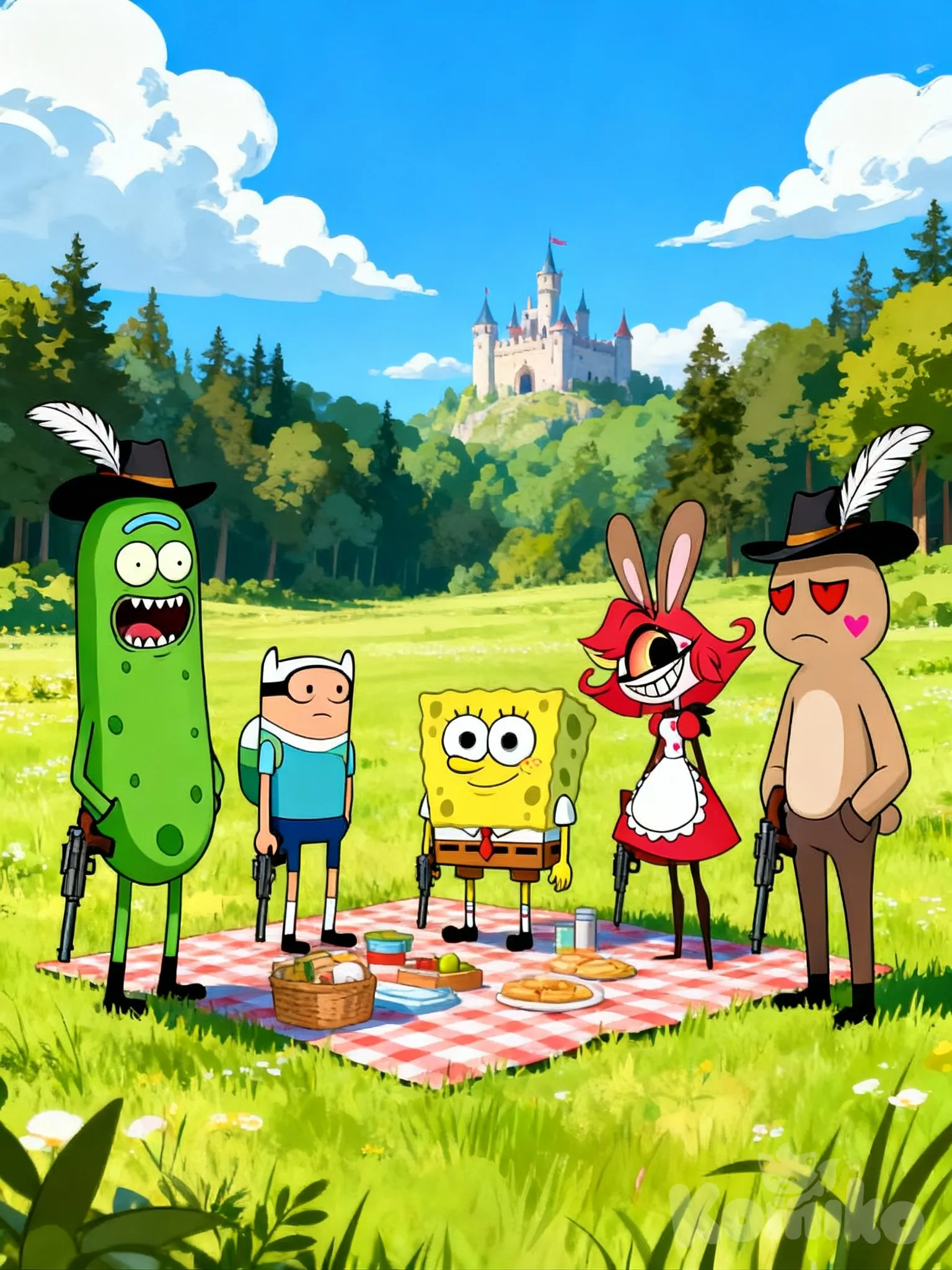@Pickle_Rick, @Spongebob_Squarepants, @Niffty, @Lopunny, [minimalist-style], holding gun, hands in pockets, picnic, depressed, disappointed, evil smile, feather hat, full body, day, grassland, forest, cloud, blue sky, castle