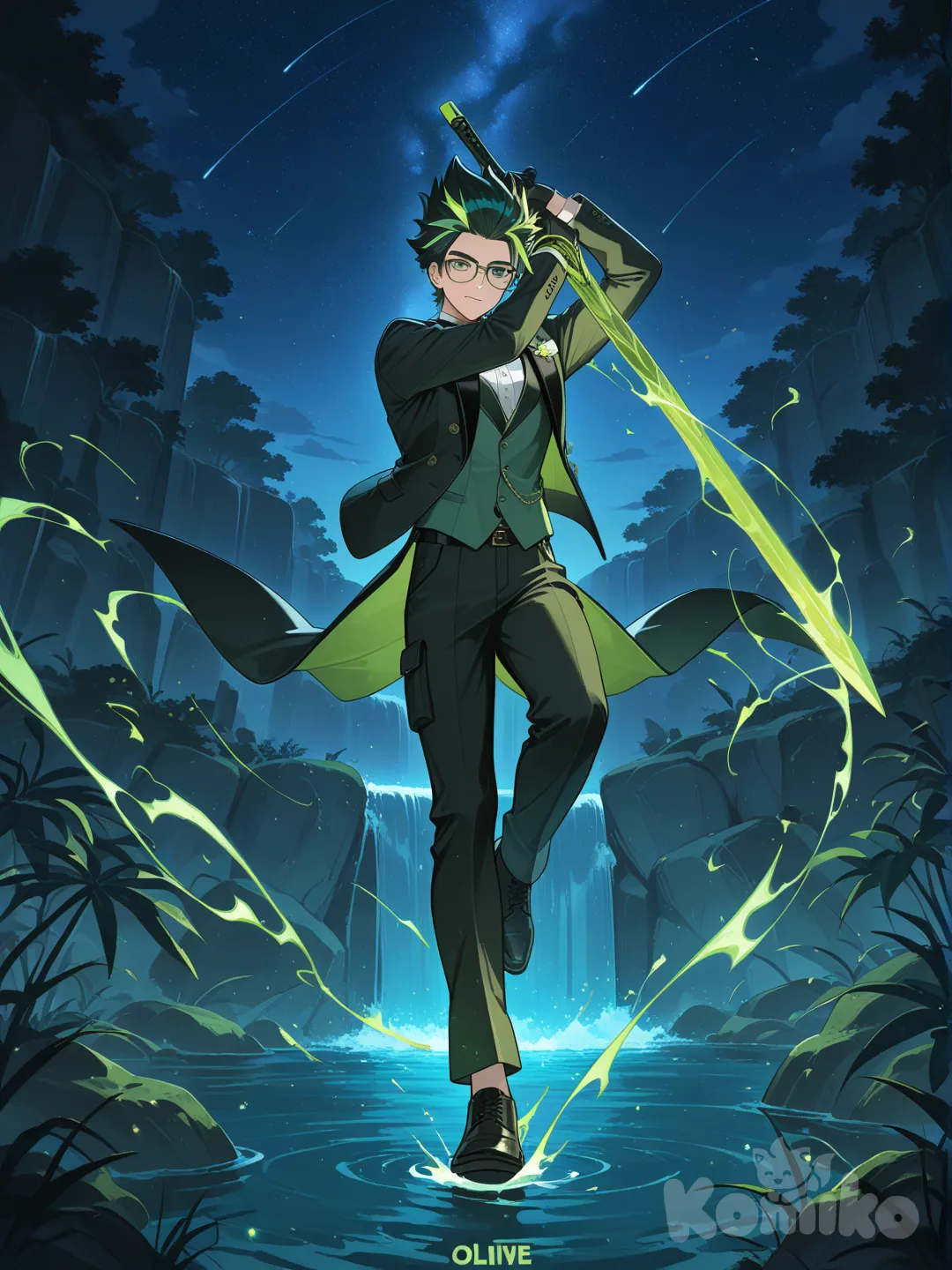 holding sword, cargo pants, glasses, olive green, neon green, 1boy, night, waterfall, headshot, full body, tuxedo, spiky hair