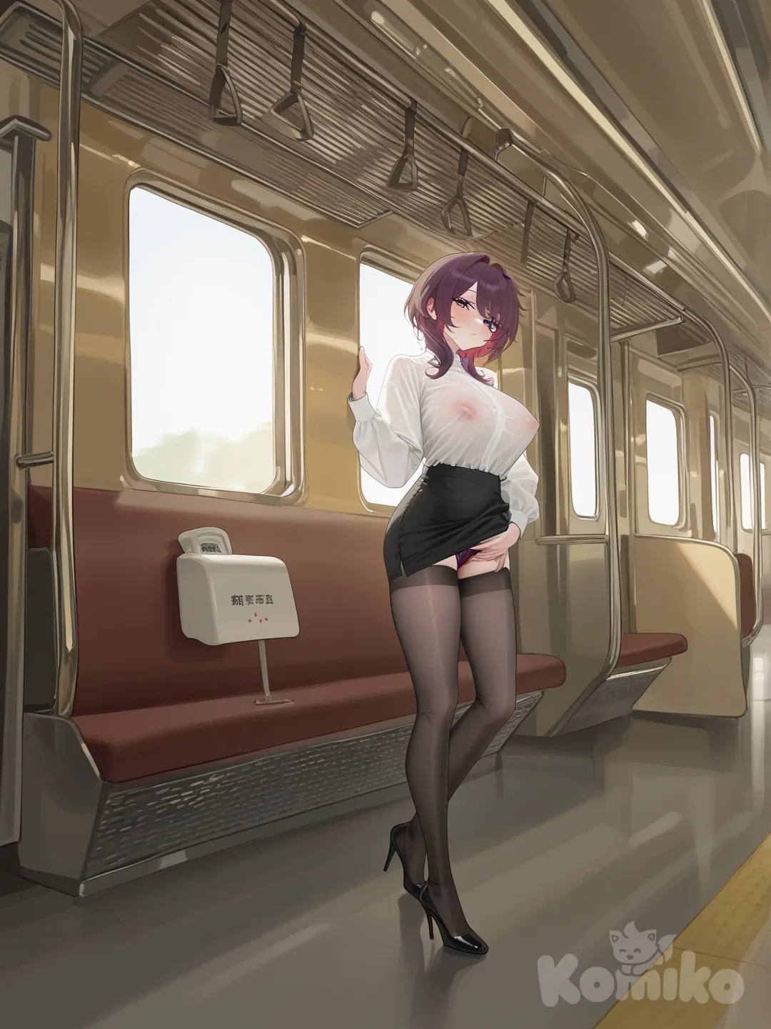 1 mature woman, public train, wet panties, visible arousal, flushed cheeks, perverted face, exhibitionism, woman being groped, man hand under skirt, tight blouse, nipples visible, short skirt, high heels, stockings, hentai, lewd, NSFW, soft lighting, background, anime style