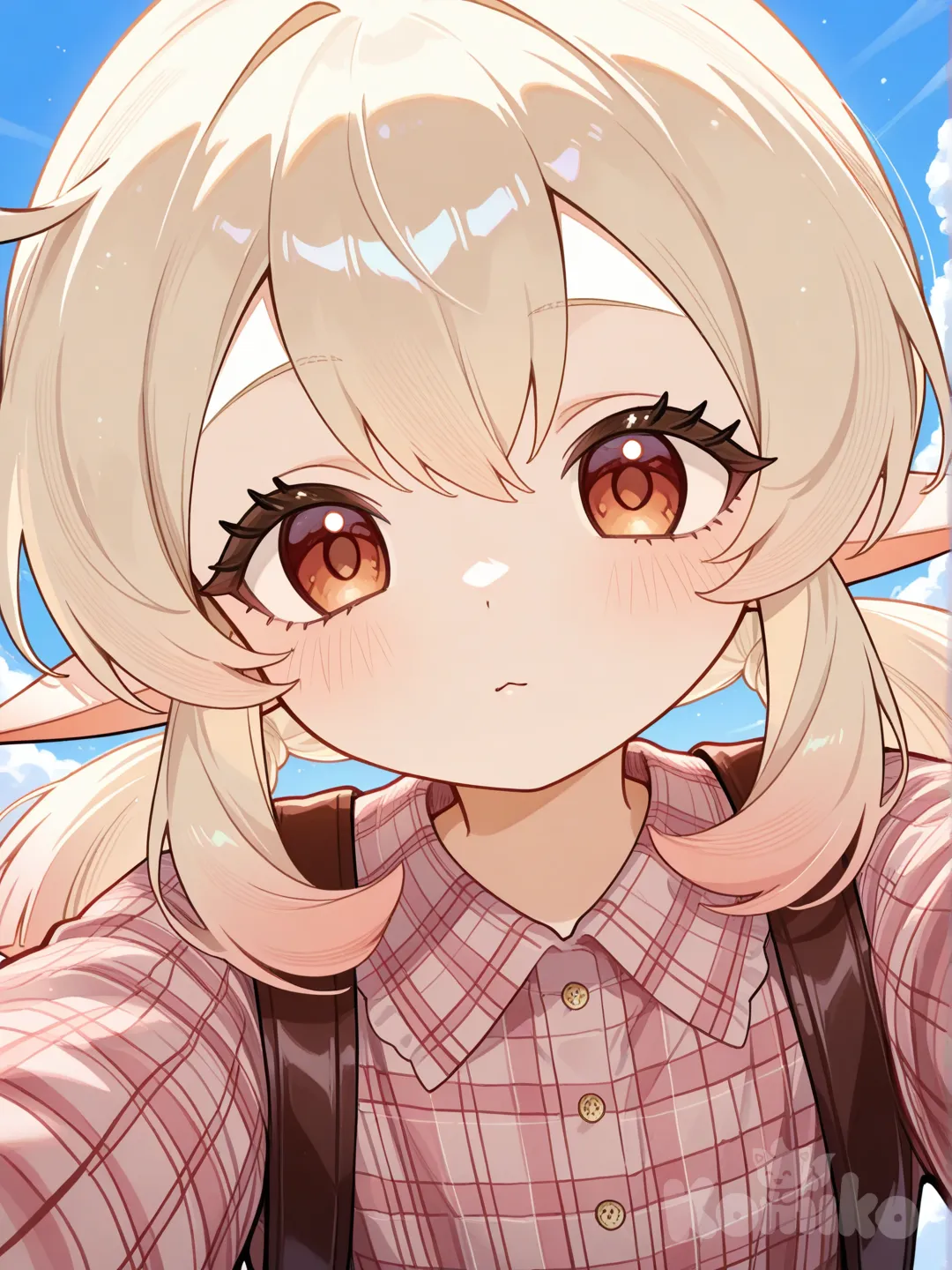 Klee (Genshin Impact), plaid shirt, upper body, top light, blue sky