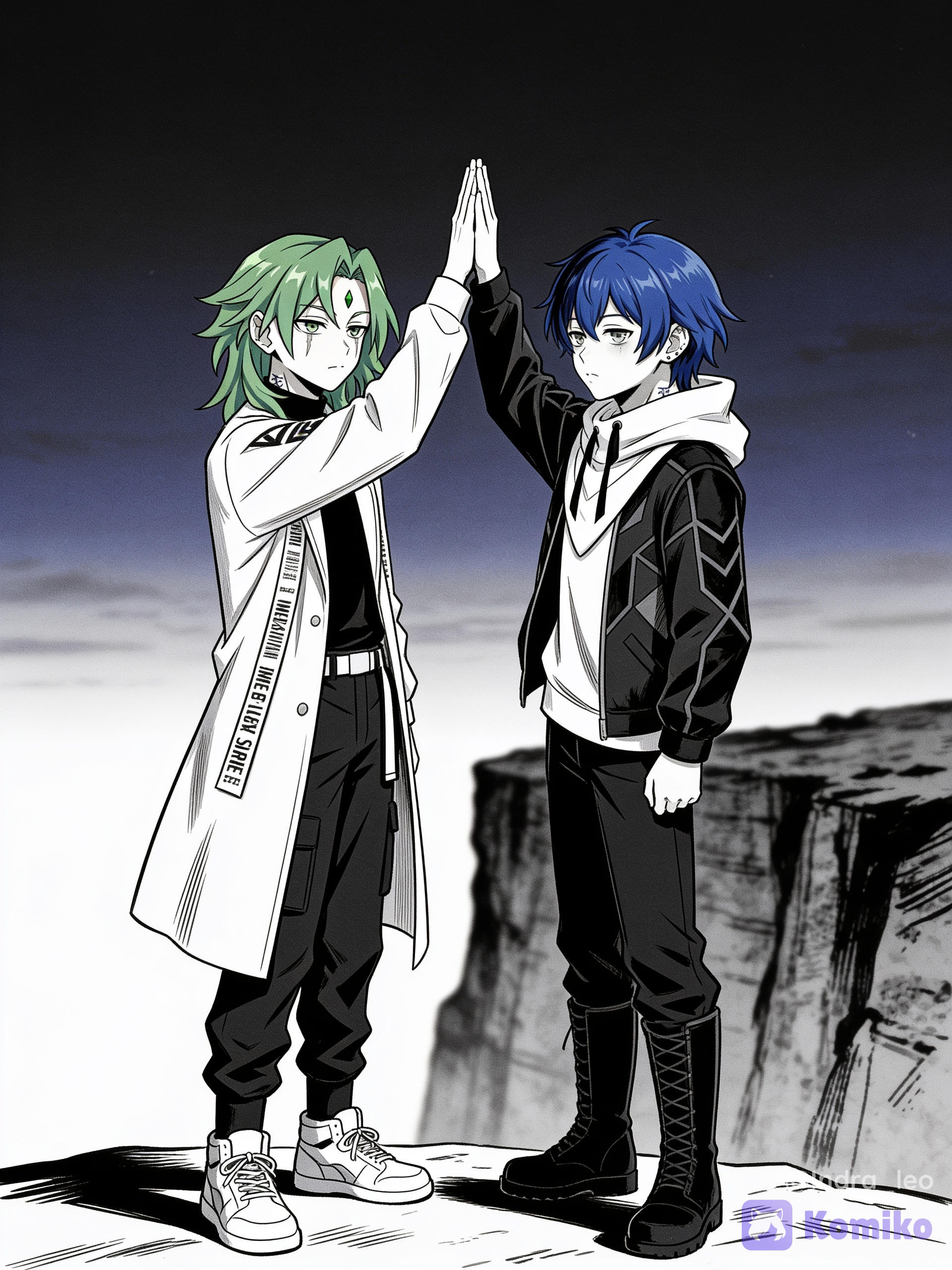 [grayscale-manga-style], @kenya-k1YS, 2boys, @leo-TZum, depressed, expressionless, high five, blurred background, twilight, cliff