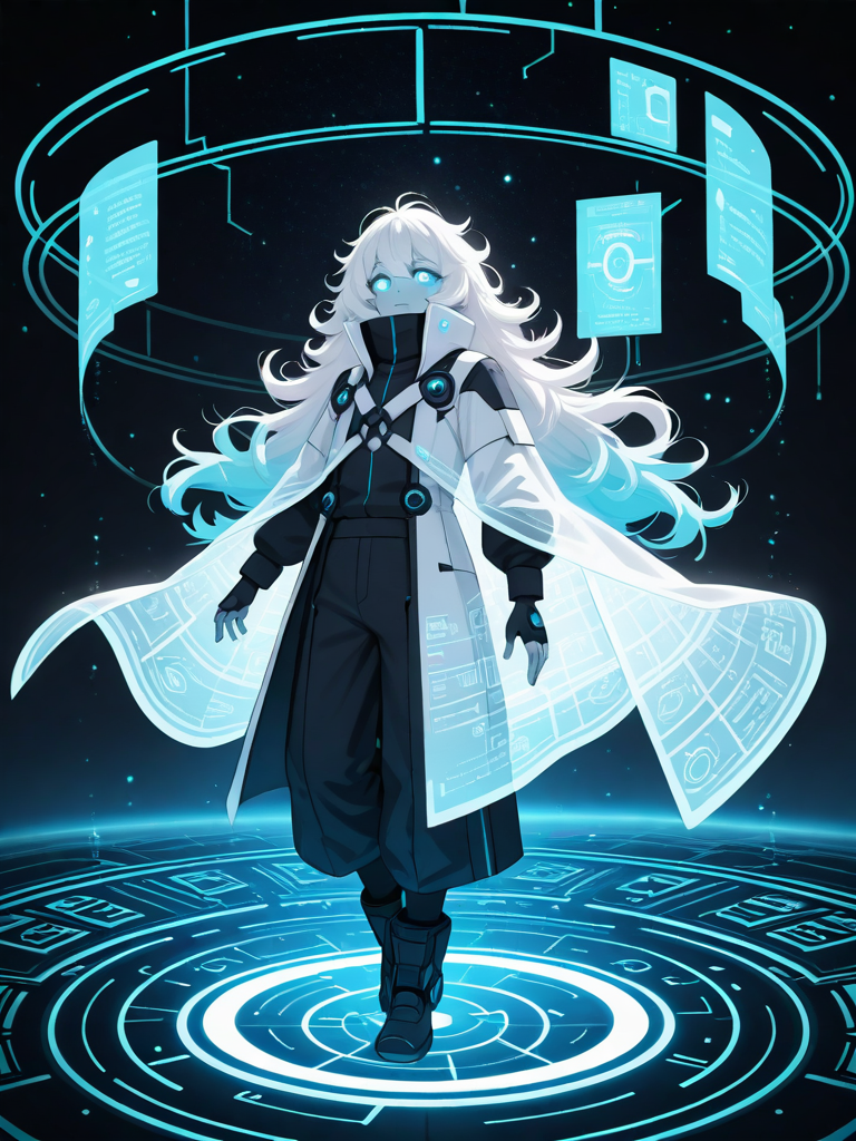 Anime-style original character, androgynous young adult (20–24 years old), refined and approachable appearance, medium height, slim build, fair skin with a soft glow, silver-white hair with subtle cyan gradients at the tips, slightly messy layered hairstyle, bright blue eyes with faint circuit-like patterns in the irises, calm and intelligent expression, gentle smile. Wears a sleek futuristic outfit mixing a long white coat with black and dark navy clothing underneath, accented by glowing cyan lines that resemble flowing data. High-collar jacket, fitted pants, lightweight boots, fingerless gloves with holographic interfaces. A translucent cape-like holographic cloth gently floats behind them. Floating holographic panels, books made of light, geometric symbols, and streams of glowing text orbit around the character. Small particles of blue and white light drift through the air. No visible weapons; instead, elegant energy constructs and magical-tech effects surround them. Color palette: white, black, silver, cyan, and hints of violet. Clean sci-fi fantasy aesthetic with subtle cyberpunk influences. Background: an enormous digital library suspended in space, filled with glowing shelves, constellations, floating runes, and holographic architecture stretching into infinity. Soft volumetric lighting, cinematic composition, ultra-anime illustration, quality, vibrant colors, highly eyes, dynamic lighting, elegant pose, modern anime key visual, 8k. Versión femenina: Beautiful anime woman (20–24 years old), long silver-white hair with cyan highlights, luminous sapphire-blue eyes, elegant face, calm smile, white futuristic coat over a black and cyan bodysuit, holographic skirt-like energy effects, glowing data ribbons flowing around her, floating books and holographic screens, digital library in space, sci-fi fantasy aesthetic, cinematic lighting, ultra anime illustration. Versión masculina: Handsome anime man (20–24 years old), silver-white layered hair, bright blue eyes with faint digital patterns, long white futuristic coat with cyan glowing accents, black tactical clothing underneath, holographic interfaces floating around him, streams of glowing text, digital library suspended in space, sci-fi fantasy, elegant pose, cinematic lighting, ultra anime art, vibrant colors.