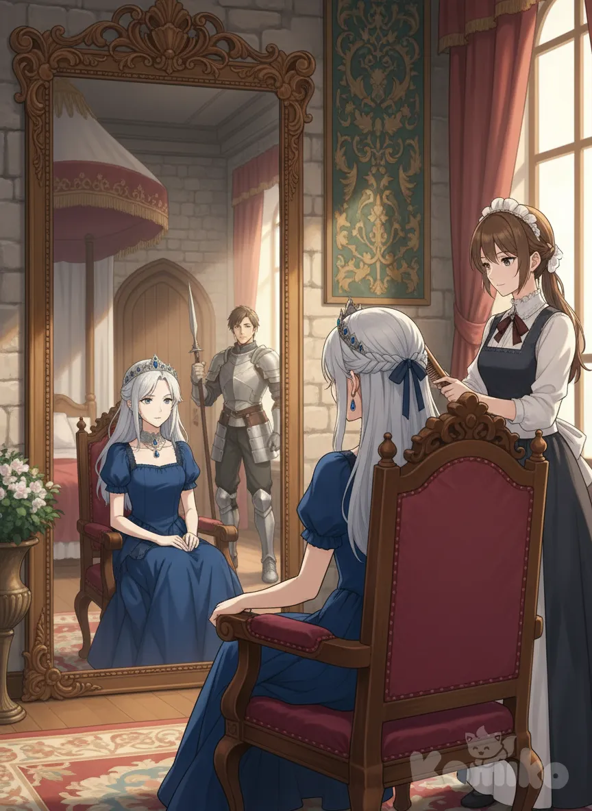 <elliott-oMFz>, anime coloring, in her room in the castle sitting down a chair facing a huge mirror with a maid combing her hair, a guard unhelmet can be seen guarding the door