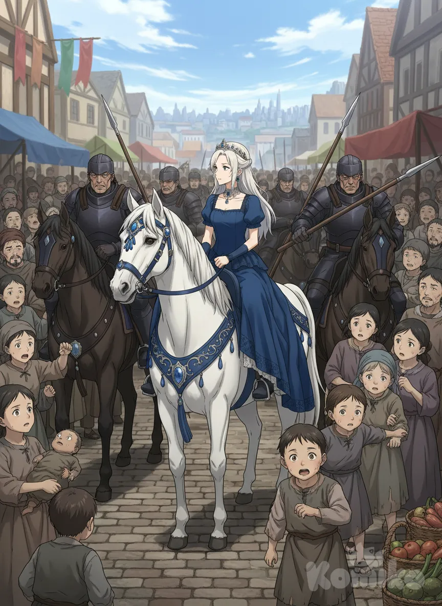 In an anime coloring style, <elliott-oMFz> is elegantly riding a horse through the bustling marketplace. Her guards, their faces mean and brutal, keep the crowd at bay. The crowd, made up of impoverished children, women, and men, looks on in fear and awe. She gazes away, cold and unconcerned, as the scene unfolds around her.
