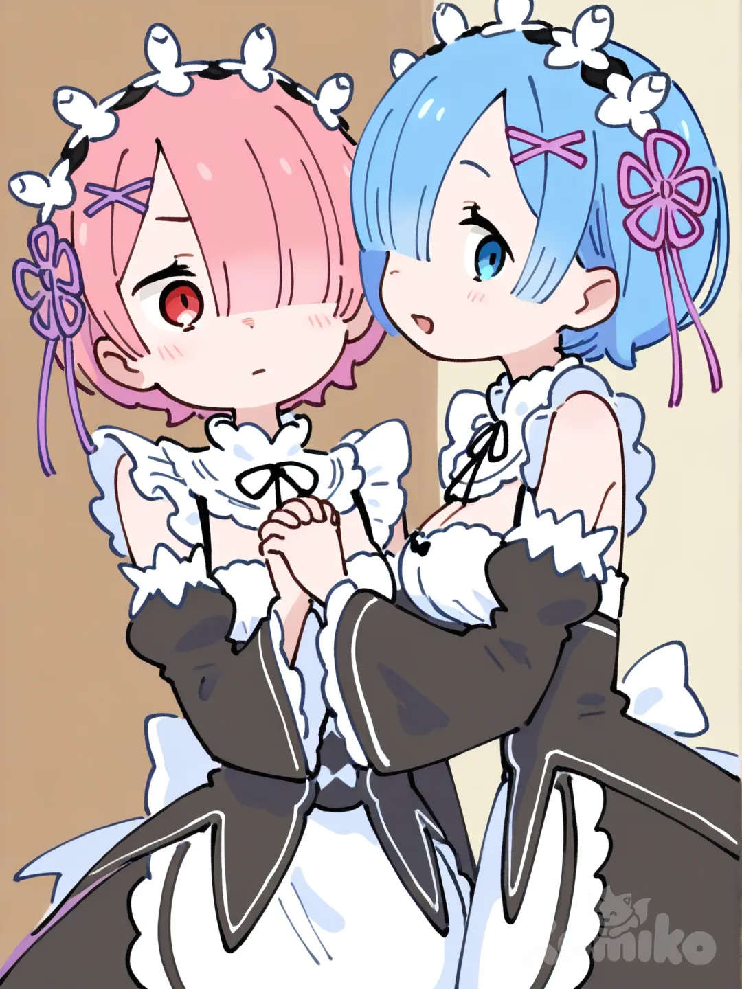 [flat-pastel-style], Rem_(Re:Zero), Ram_(Re:Zero), holding hands