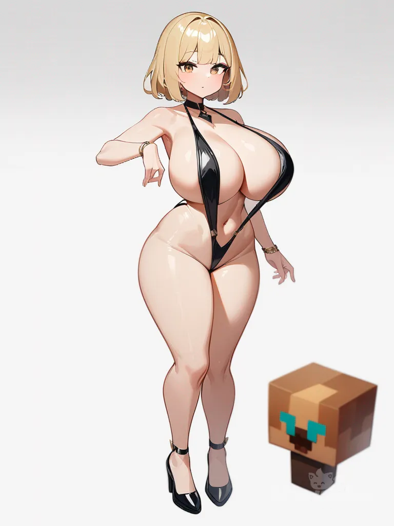 1girl, middle-aged, big breasts, big thighs, slim waist, slingshot swimsuit, chibi, Minecraft style, blocky style, single character, full body, looking at viewer, simple background, white background