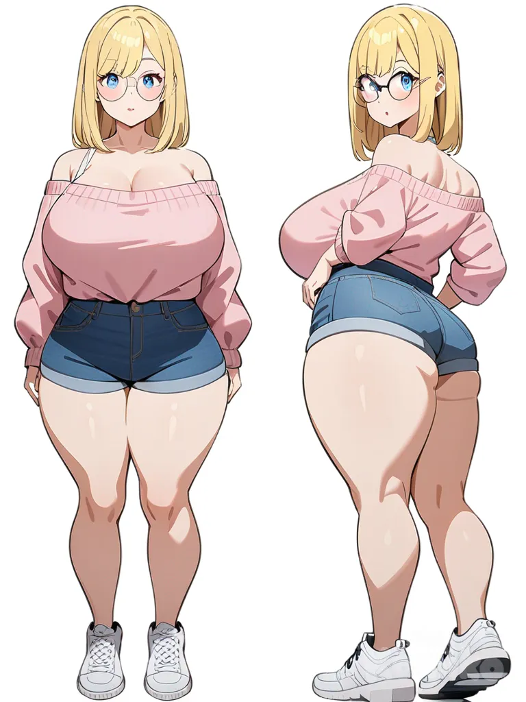 1girl, blonde hair, blue eyes, round glasses, straight hair, streaked hair, big breasts, thick thighs, pink sweater, off-shoulder, denim shorts, white sneakers, middle-aged, curvy, single character, full body, looking at viewer, anime style, simple background, white background