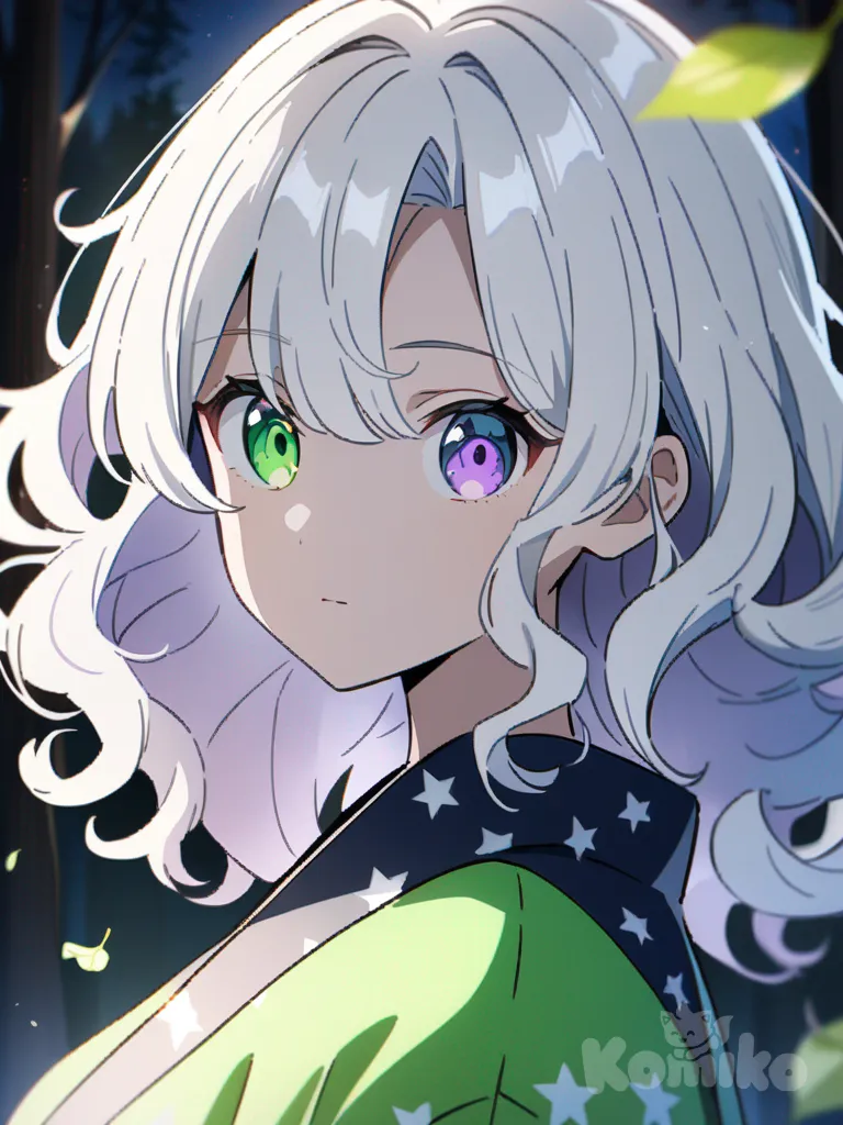 1girl, teenager, athletic, curvy, curly wavy silver hair, purple and green eyes (heterochromia), fair skin, star-themed kimono, portrait, forest with falling leaves at night, anime coloring, watercolor, single character, upper body, looking at viewer, anime style, simple background, white background