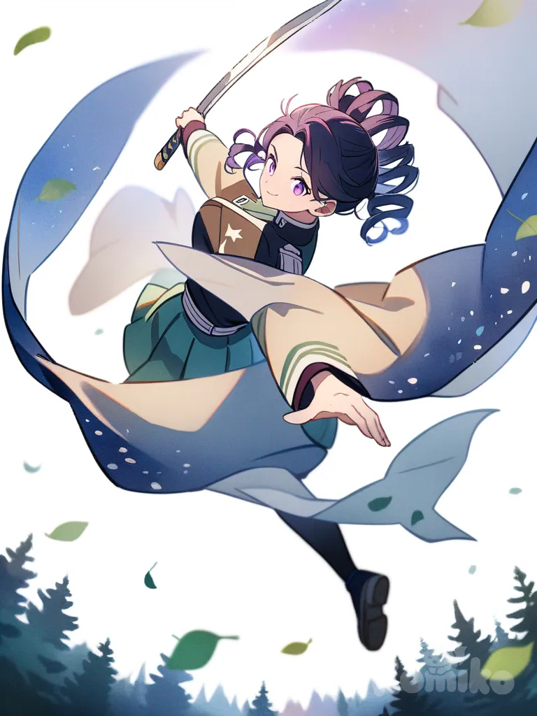 1girl, holding sword, smiling, spiral curls hairstyle, purple eyes, star-themed kimono, demon slayer corps uniform, navy blue gradient, twilight forest, starry sky, falling leaves, watercolor, anime coloring, single character, full body, looking at viewer, anime style, simple background, white background