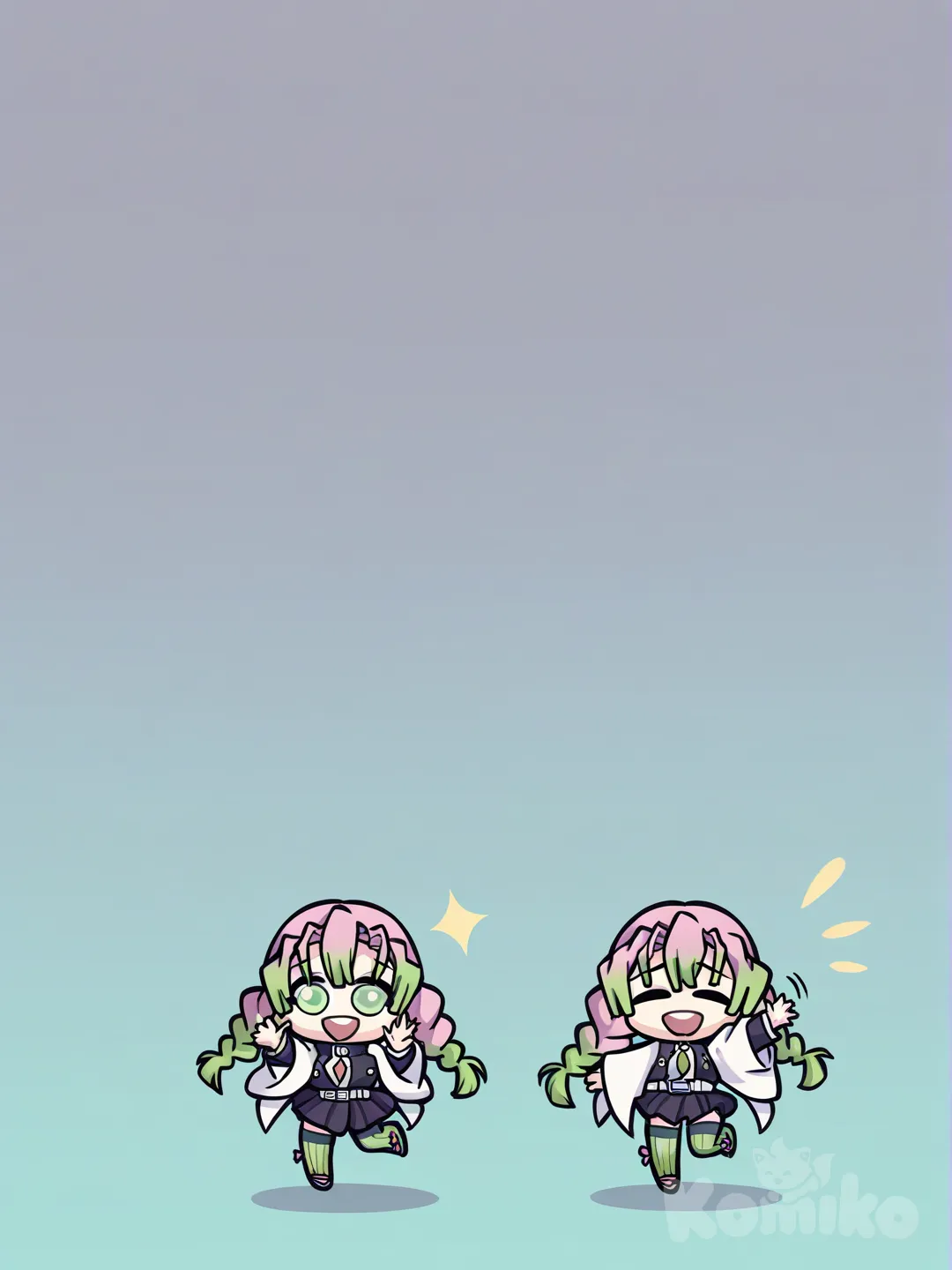 Kanroji Mitsuri, [vintage-chibi-style], waving, laughing, gradient background