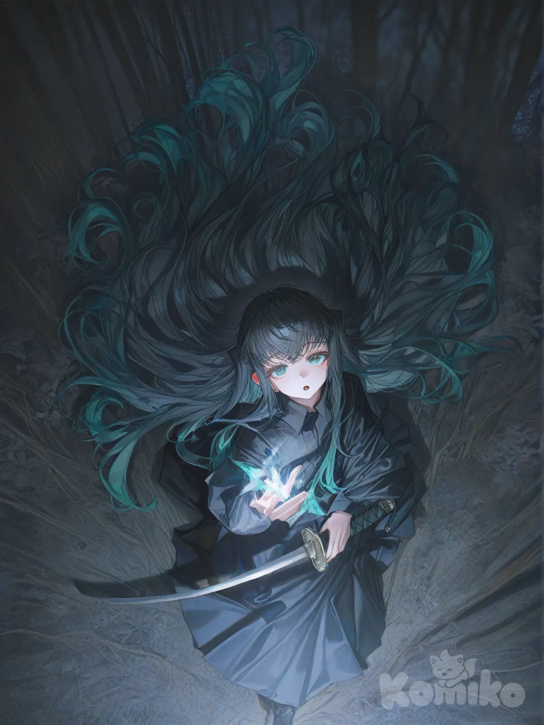 Tokitou Muichirou, [soft-light-illustration-style], holding sword, open mouth, colored pencil (medium), 1boy, from above, depth of field, night, forest