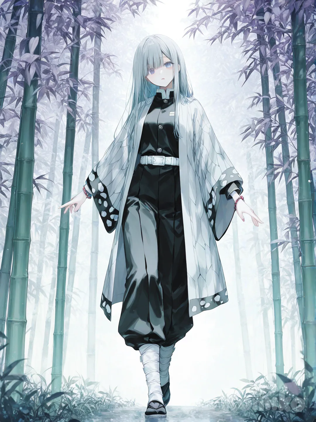 1girl, bracelet made of red string with a gold bead in the middle , side part, straight bangs lavender silver color one eye lavender the other light blue wearing a demon slayer corps uniform, and a light blue and light purple haori , full body, looking at viewer [sweet-pastel-style], head tilt confused, day in a bamboo forest