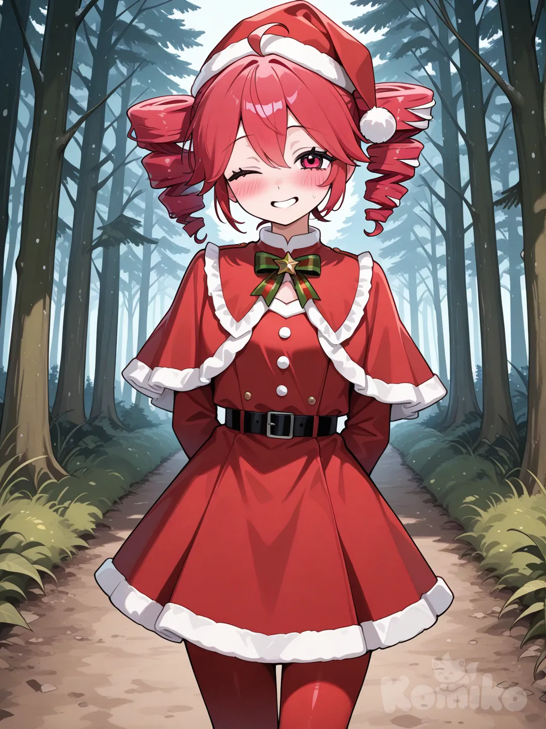 kasane teto, blushing crismas out fit winking in a place with green trees standing