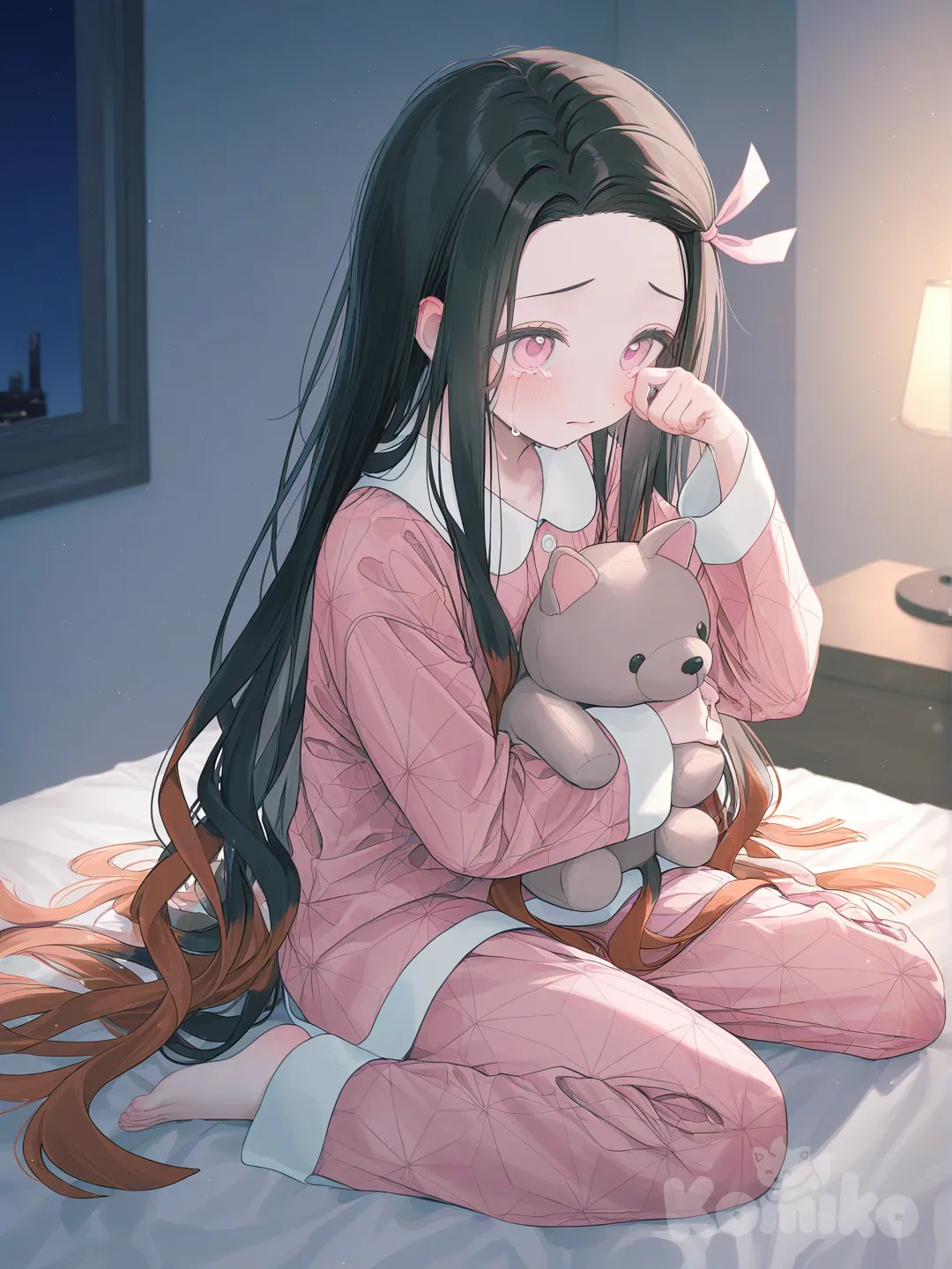 Kamado Nezuko, [soft-pastel-style], wiping tears, pajamas, holding plush, on bed
