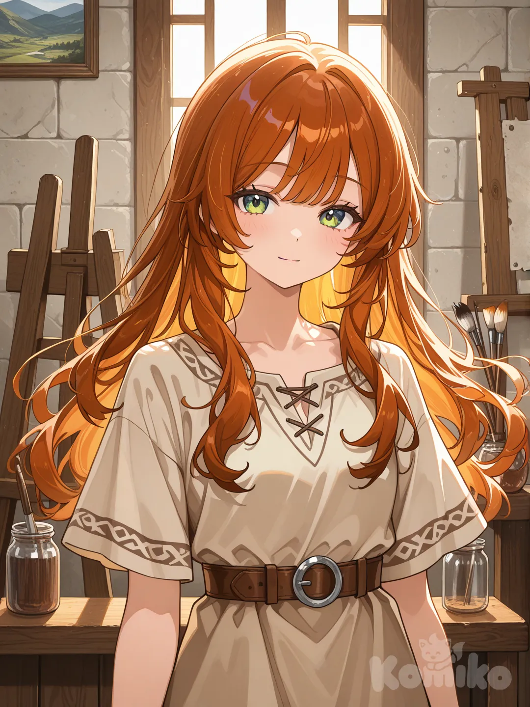 ​A beautiful watercolor-style portrait of a young woman with long, flowing auburn hair and striking green eyes. She is wearing a simple, rustic tan linen tunic. She is standing in a sunlit artist's studio with stone walls. In the background, there is a wooden easel holding a landscape painting, jars of paint brushes, and various sketches pinned to the wall. The lighting is soft and warm, creating a nostalgic, classical fine-art feel with visible paper texture.