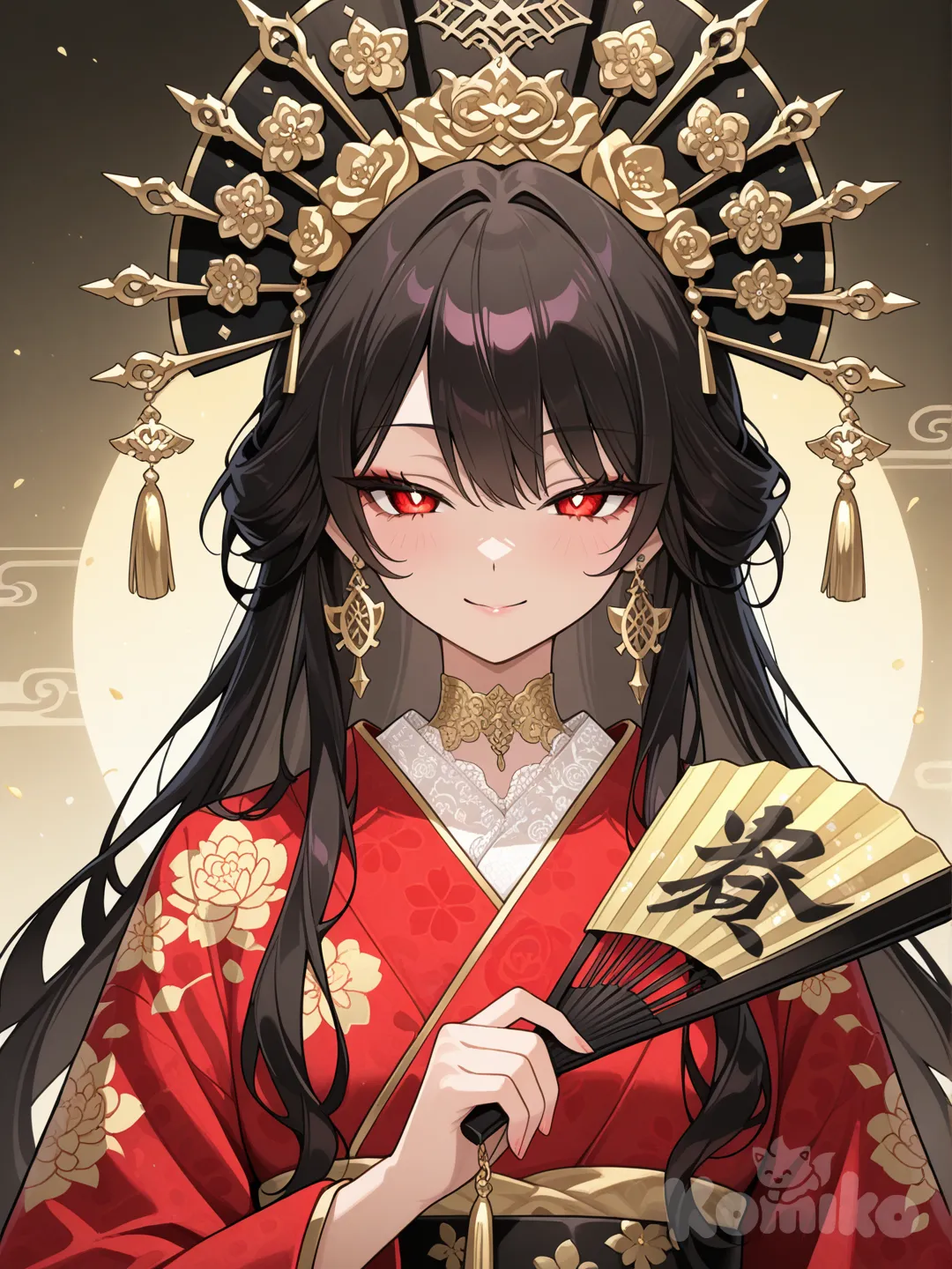 digital anime-style illustration (likely AI-generated) of an elegant female character dressed in a luxurious red kimono with gold accents and floral patterns. She's adorned with elaborate golden jewelry, an ornate headdress featuring phoenix-like motifs and dangling chains, and she's holding a folding fan. The overall vibe blends traditional East Asian (Japanese-inspired) fashion with fantasy elements, giving her a regal, mysterious, and slightly seductive appearance.