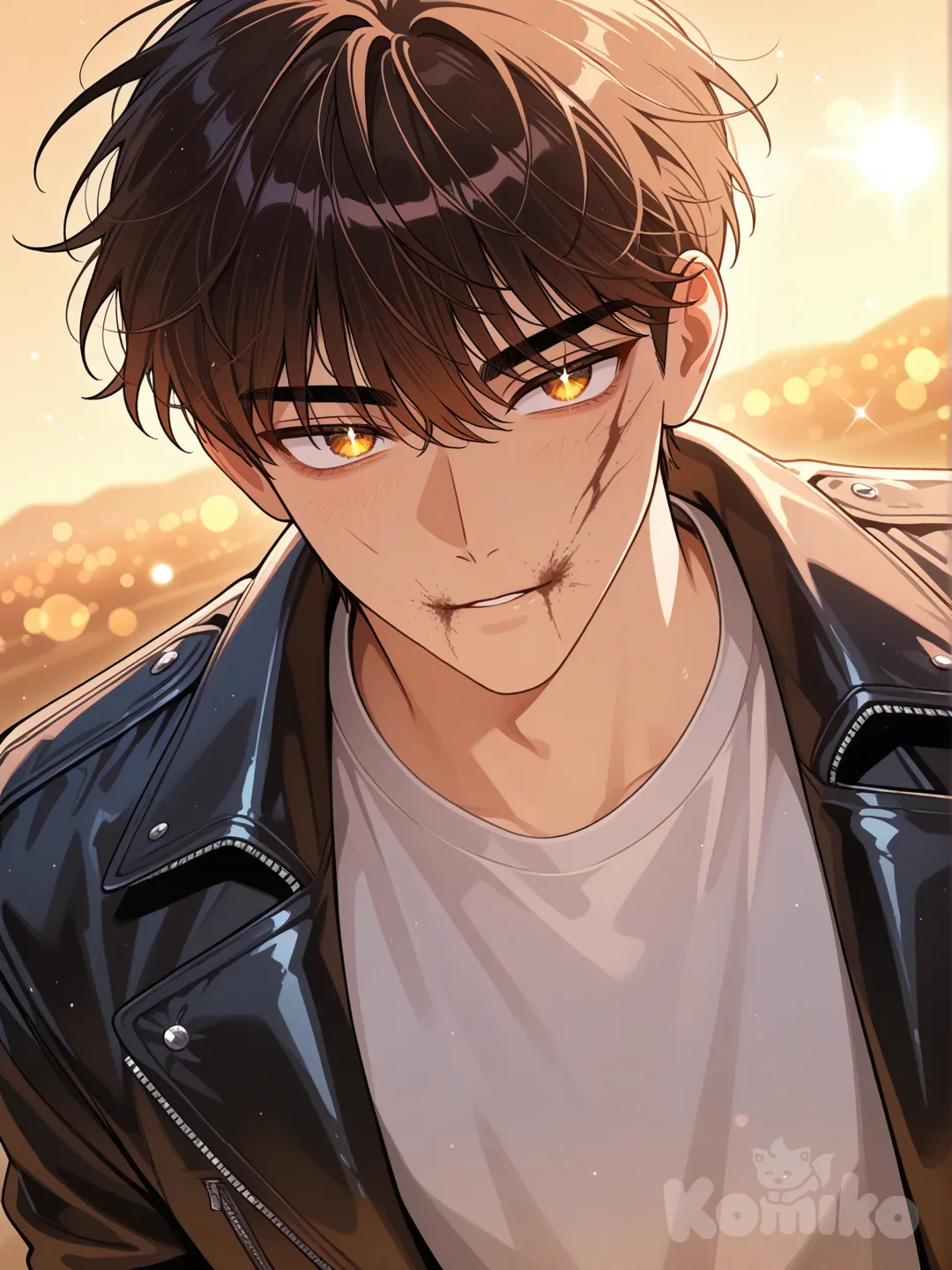 High-quality manhwa style, handsome young man with messy dark brown hair, glowing amber eyes, wearing a black leather biker jacket over a white t-shirt. Cinematic lighting, golden hour sunset background with soft bokeh, lens flare, shimmering particles in the air. Intricate details on the eyes and hair, sharp features, soft shading, webtoon aesthetic, vibrant colors