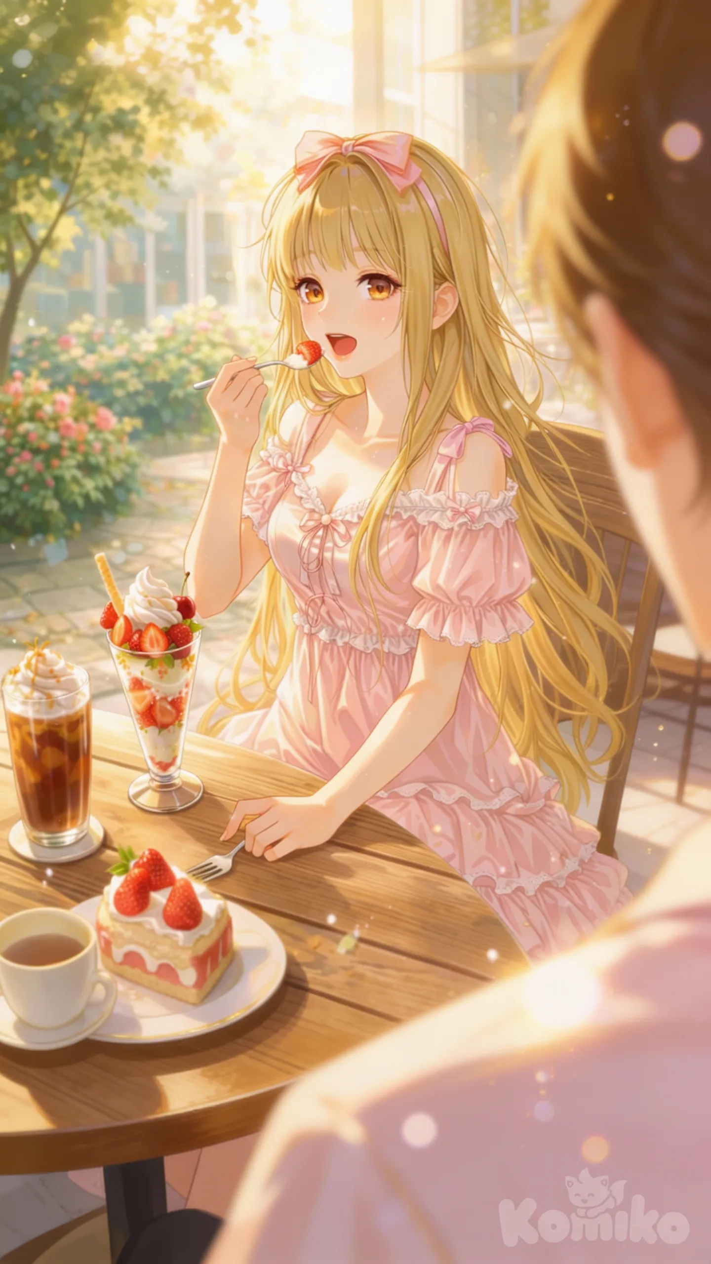 Style: Anime Realism / Manhwa
Palette: Pastel Pink & Warm Gold
Mood: Peaceful & Innocent
Lighting: Warm golden hour with subtle bokeh and floating particles.
Linework: Clean, smooth shading inspired by top-tier webtoon artists.
Composition: A balanced "POV date" perspective featuring high-detail food assets.
Anime realism, soft romantic atmosphere. Long golden-blonde hair, amber eyes, delicate pink lace dress. Sunlit garden café, strawberry parfait, warm golden hour glow, painterly soft textures