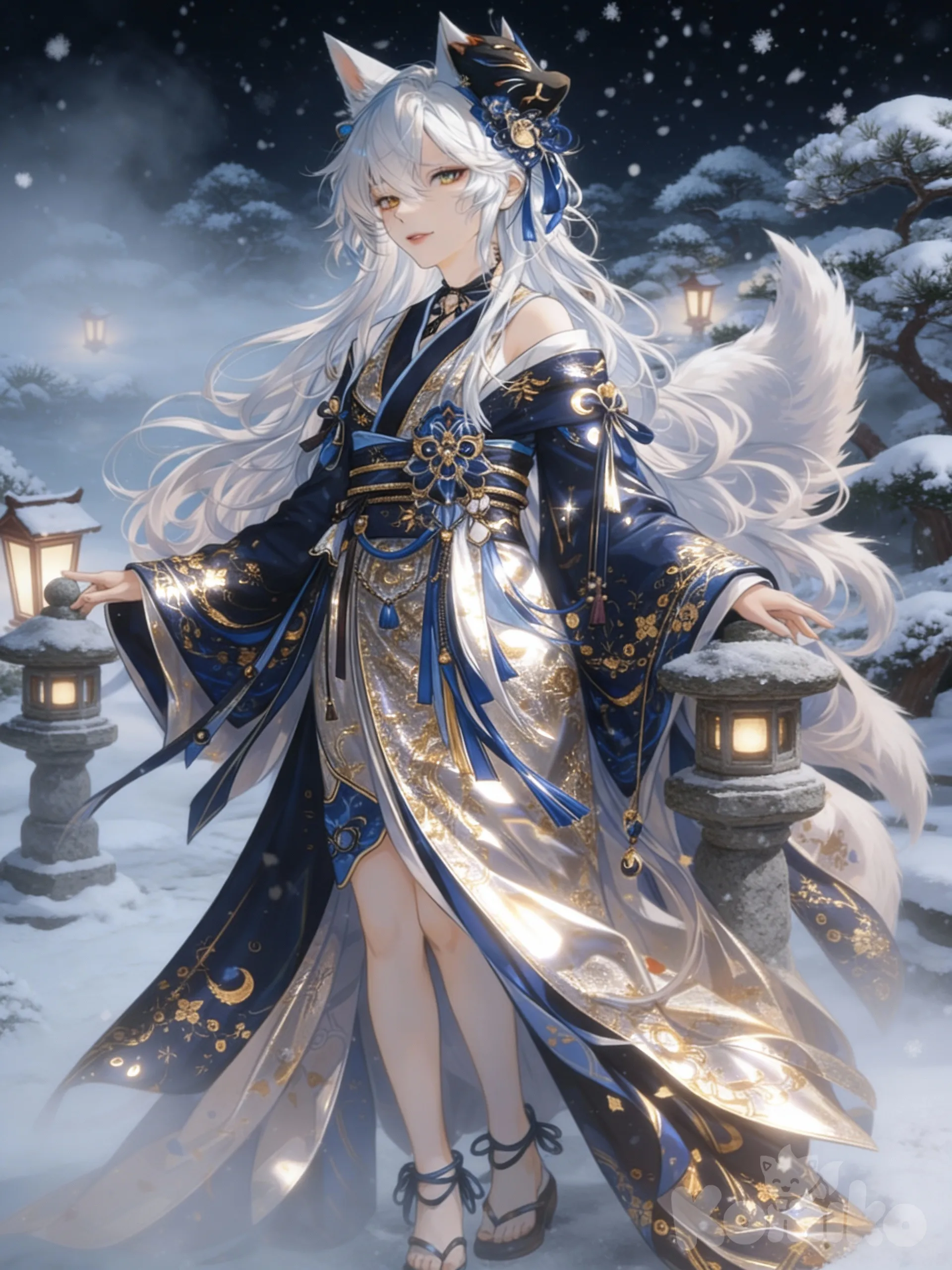 1girl, solo, kitsune, fox ears, multiple bushy tails, white hair, yellow eyes, wearing ornate blue and gold kimono, japanese clothes, winter, snowing, japanese garden background, stone lanterns, ethereal lighting, highly .
The Gold Accents: Point out how the AI handles the metallic reflection on the kimono.
2. The Snow: Highlight the atmospheric depth of the winter background.
