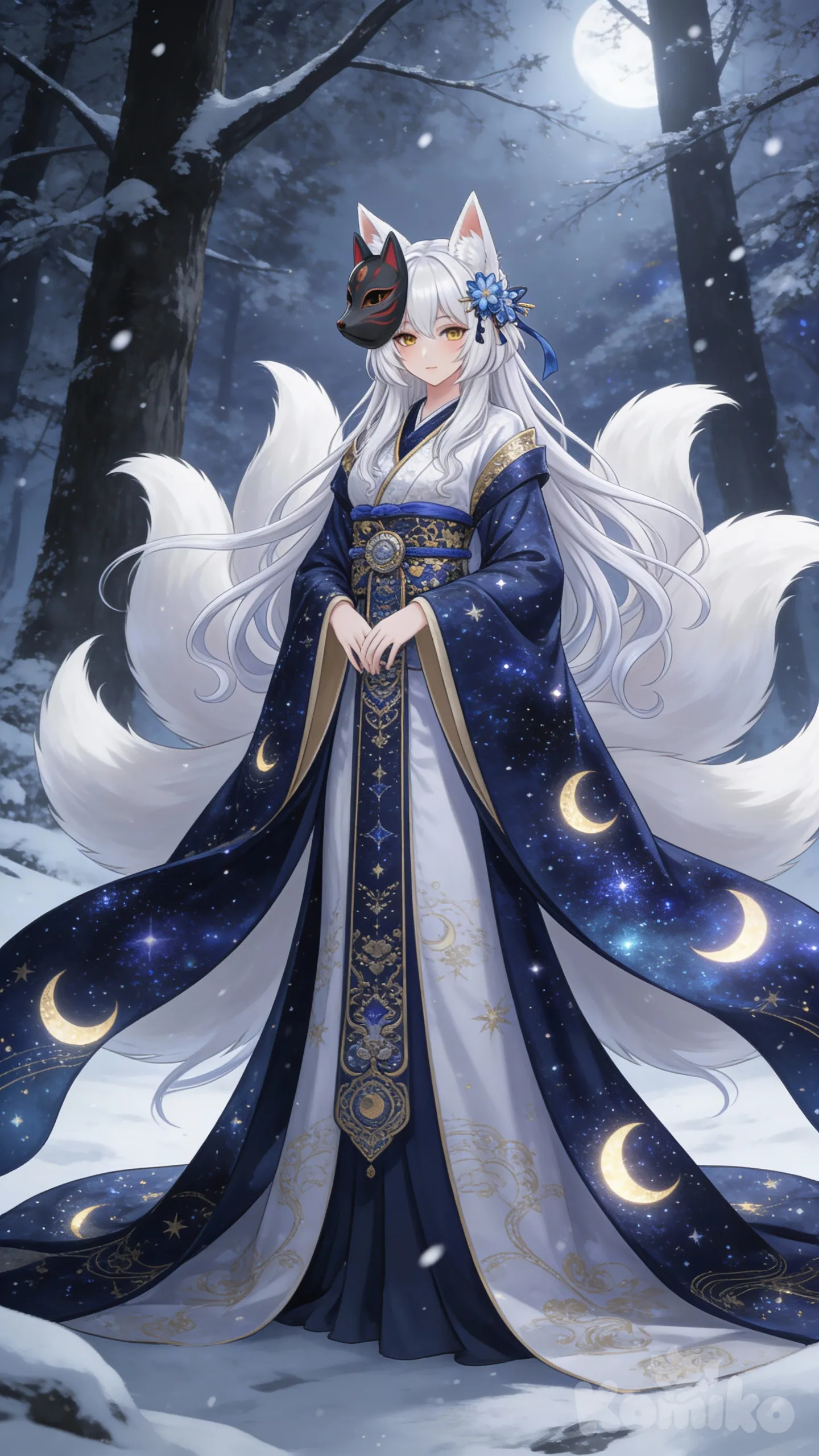 ultra-1girl, solo, kitsune, white fox ears, multiple fluffy white tails, long flowing white hair, yellow eyes, wearing a dark blue and white celestial kimono with gold embroidery, starry patterns and crescent moons on fabric, long sleeves, ornate obi, holding hands in front, black fox mask (kitsune men) worn on the side of the head, blue flower hair ornament, snowy winter forest background, falling snow, moonlight, ethereal atmosphere, anime style.