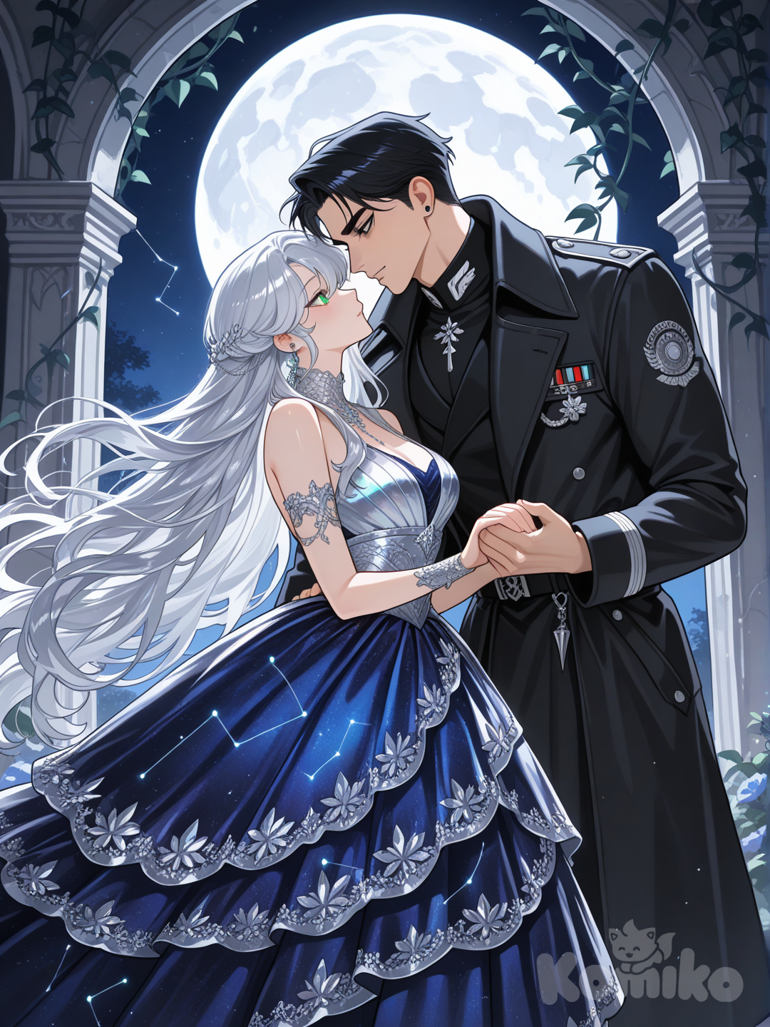 A high-quality Korean webtoon cover illustration. A stunning noblewoman with long, flowing iridescent silver hair and piercing emerald eyes, wearing a deep teal and navy silk ballgown with glowing constellation embroidery and fine silver lace. Beside her stands a tall, handsome duke with jet-black hair and sharp features, dressed in a black military-style trench coat with intricate silver scrollwork. They are holding hands in a magical moonlit garden under a massive, glowing full moon. The background features a stone archway covered in vines and glowing blue fantasy flowers. Style: ethereal, shimmering textures, semi-realistic anime, soft cel-shading, magical particles, cinematic lighting, 8k resolution, romantic fantasy aesthetic.
