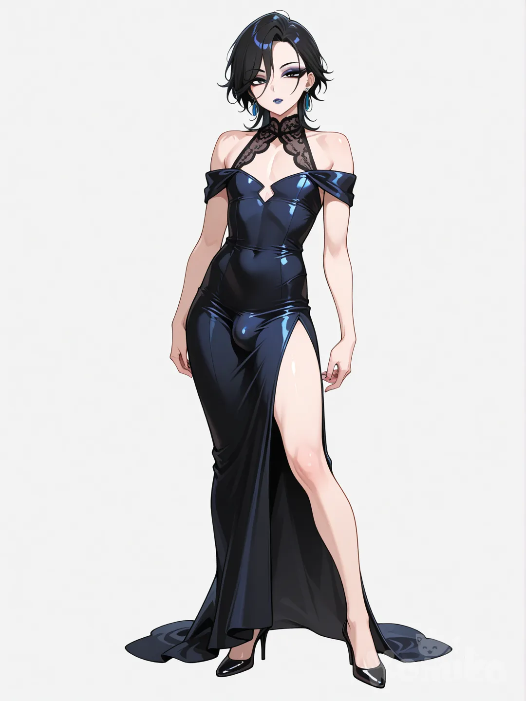 Femboy, Makeup, high_heels, lipstick, eyeshadow, earrings, evening dress, bare shoulders
, full body, looking at viewer, white background, clean background, solo, bulge