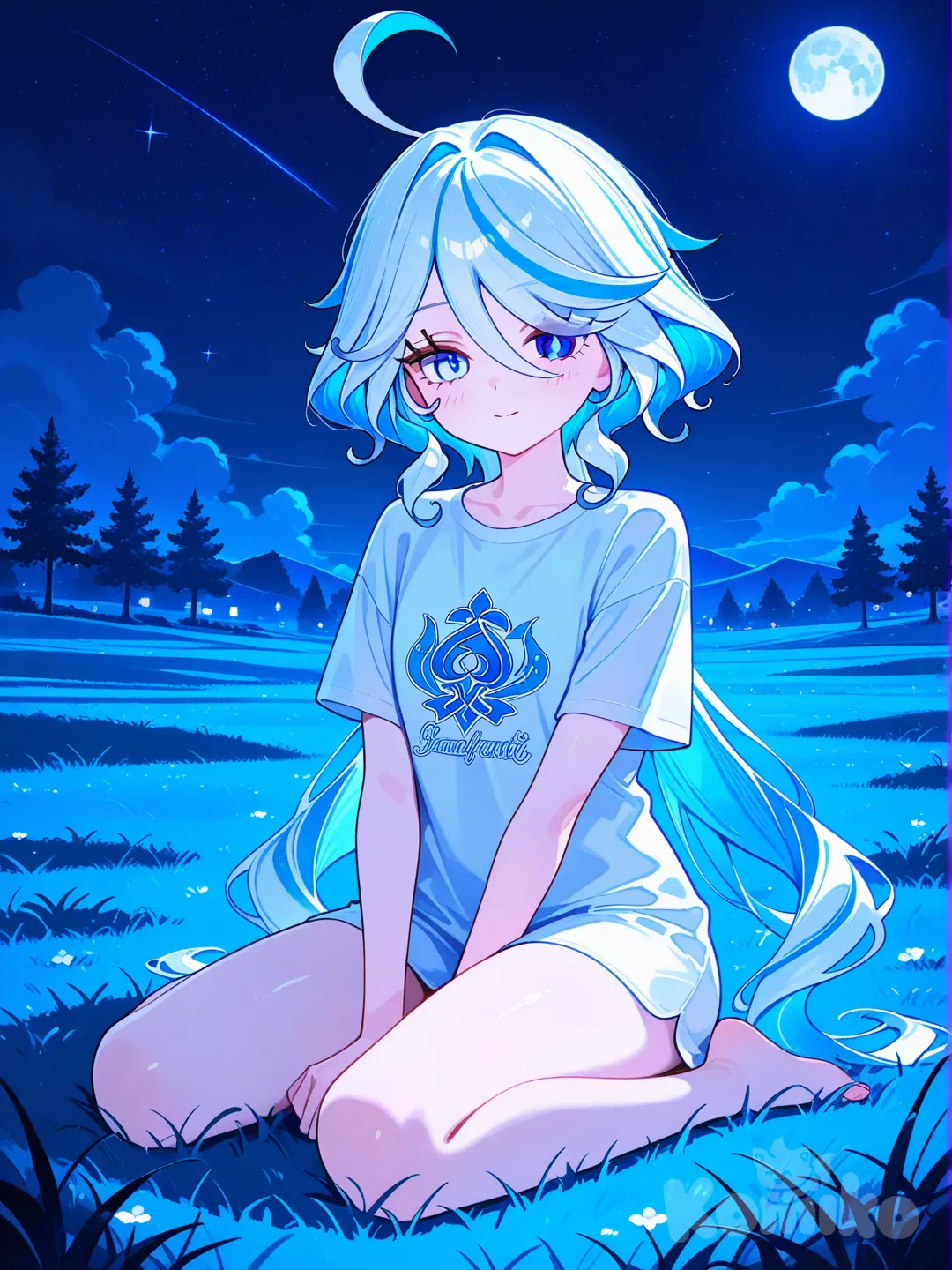 Furina_(Genshin_Impact), sitting on the ground, t-shirt, full body, night, grassland