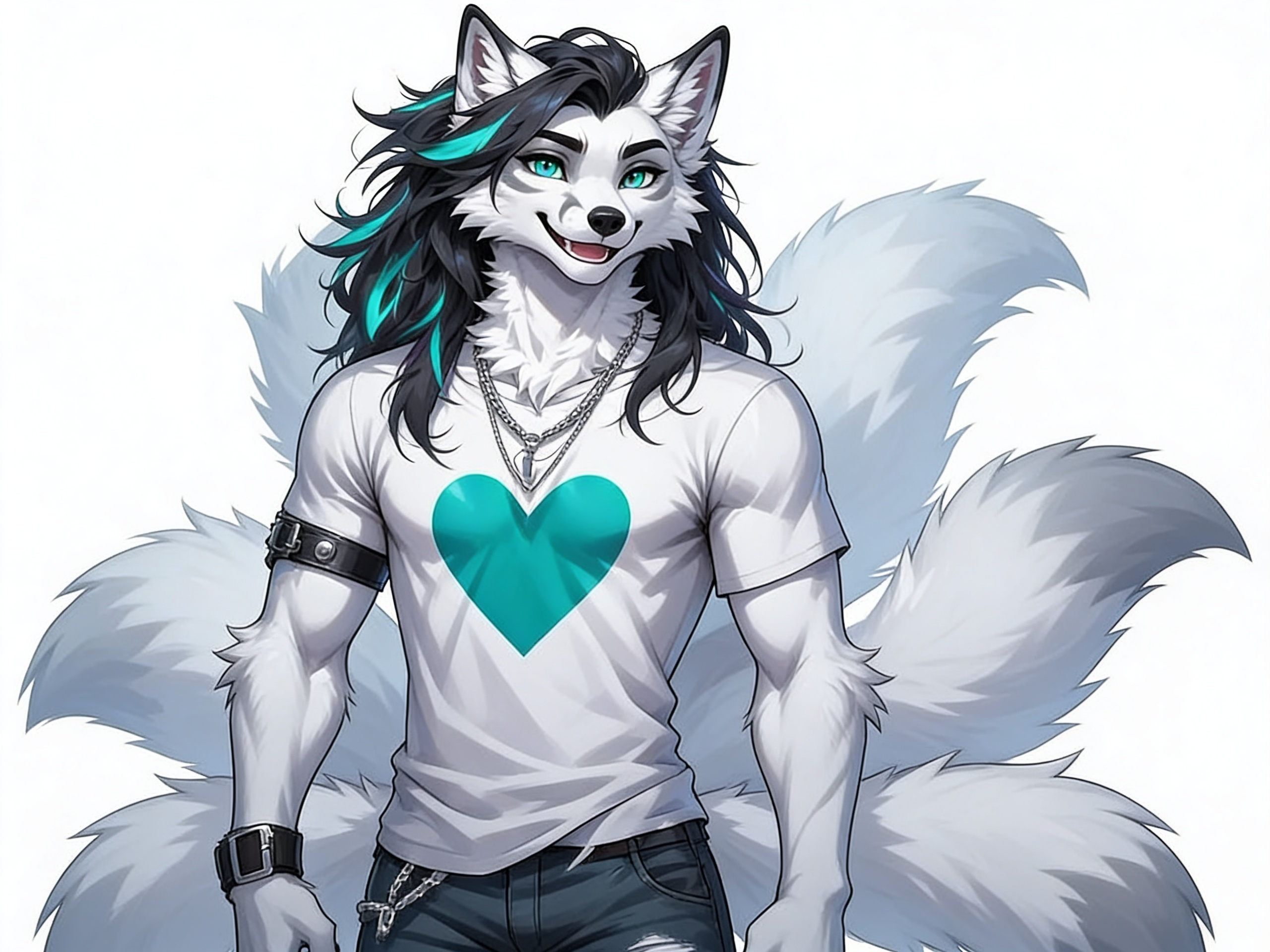 1boy, Male Arctic fox, white fur, light gray markings, long black hair with turquoise streaks, turquoise eyes, heart graphic t-shirt, silver necklace, smiling, Ripped jeans, Biker cuff, three tails, athletic, white background, mature, necklace, anime style