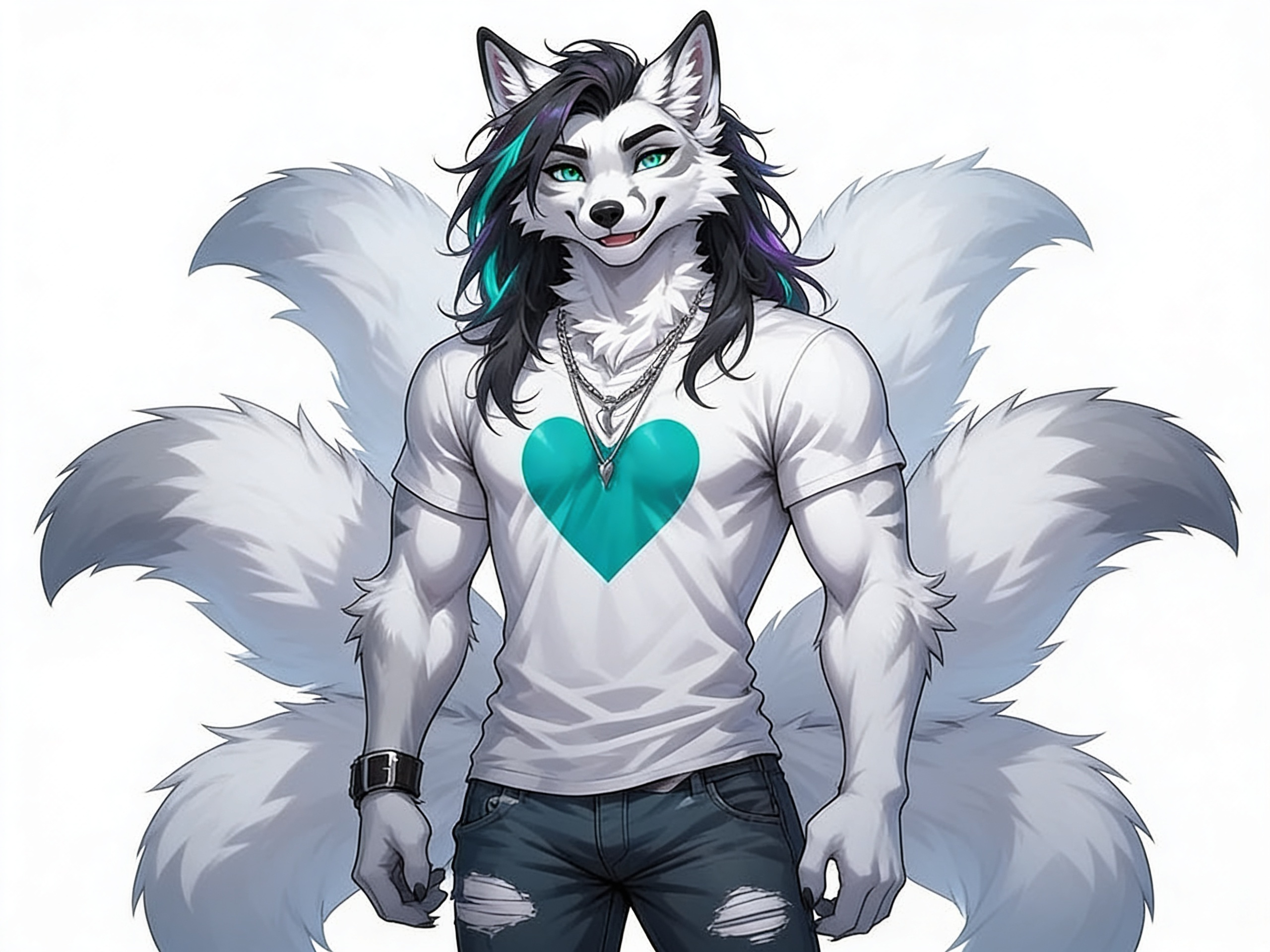 1boy, Male Arctic fox, white fur, light gray markings, long black hair with turquoise streaks, turquoise eyes, heart graphic t-shirt, silver necklace, smiling, Ripped jeans, Biker cuff, three tails, athletic, white background, mature, necklace, anime style