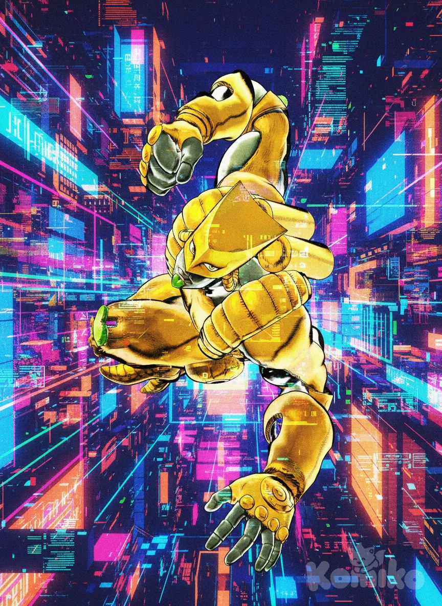 landscape, digital distortion, neon cityscape, surreal atmosphere, vibrant colors, experimental, anime style