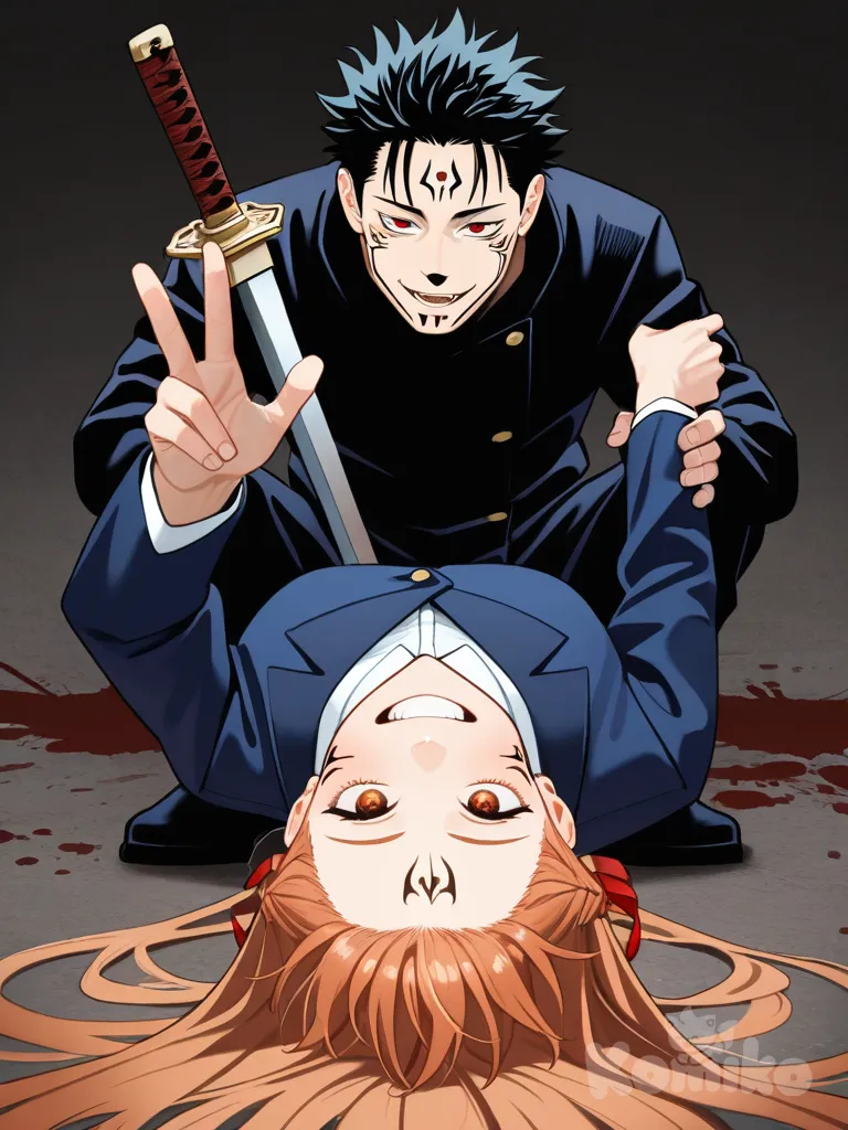 @Ryoumen_Sukuna_(Jujutsu_Kaisen), @Asuna_(Sao) seorang gadis mengalahkan seorang pria jelek dengan pedang , looking away, holding sword, smirk