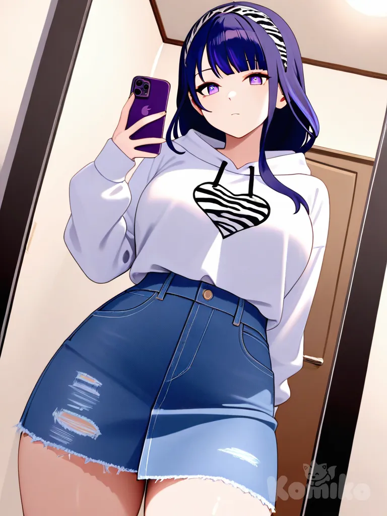 @Raiden_Shogun, hoodie, denim skirt, school uniform, zebra print, headband, from below, selfie