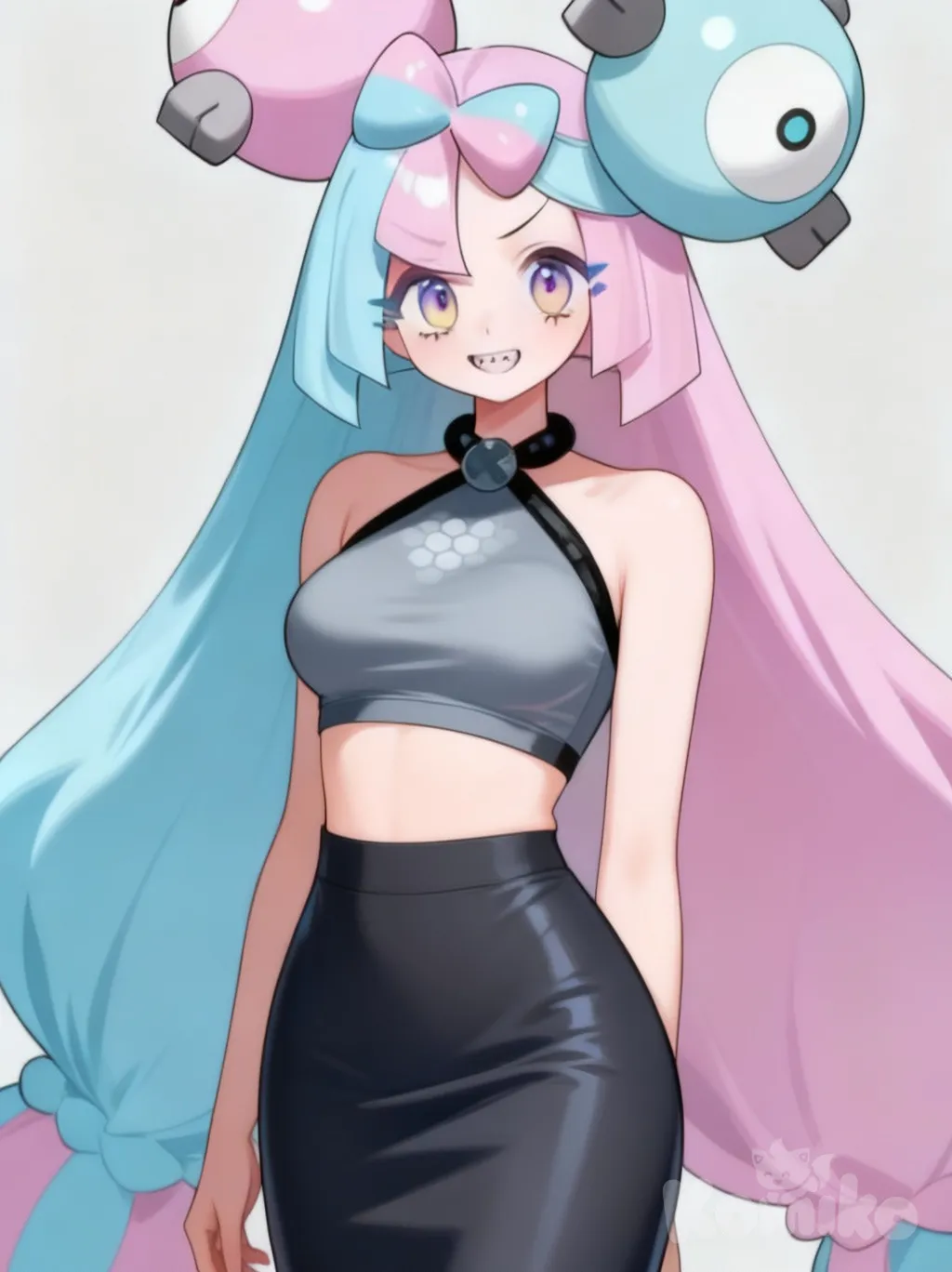 @Iono_(Pokemon), [close-look-style], crop top, pencil skirt, looking at viewer