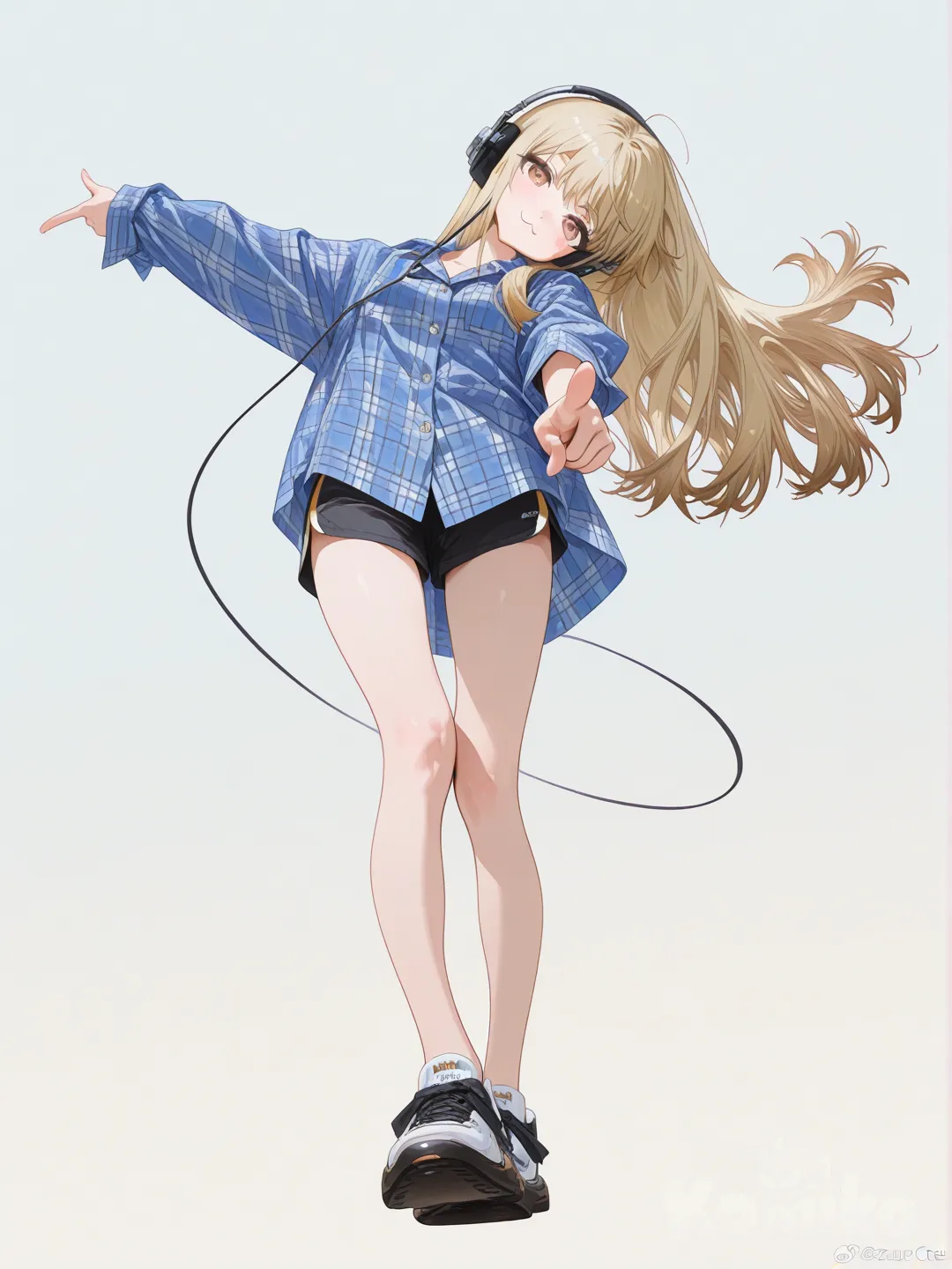 [high-gloss-illustration-style], 1girl, pointing at viewer, head tilt, dancing, plaid shirt, beach shorts, headphones, blonde hair, full body, from below
