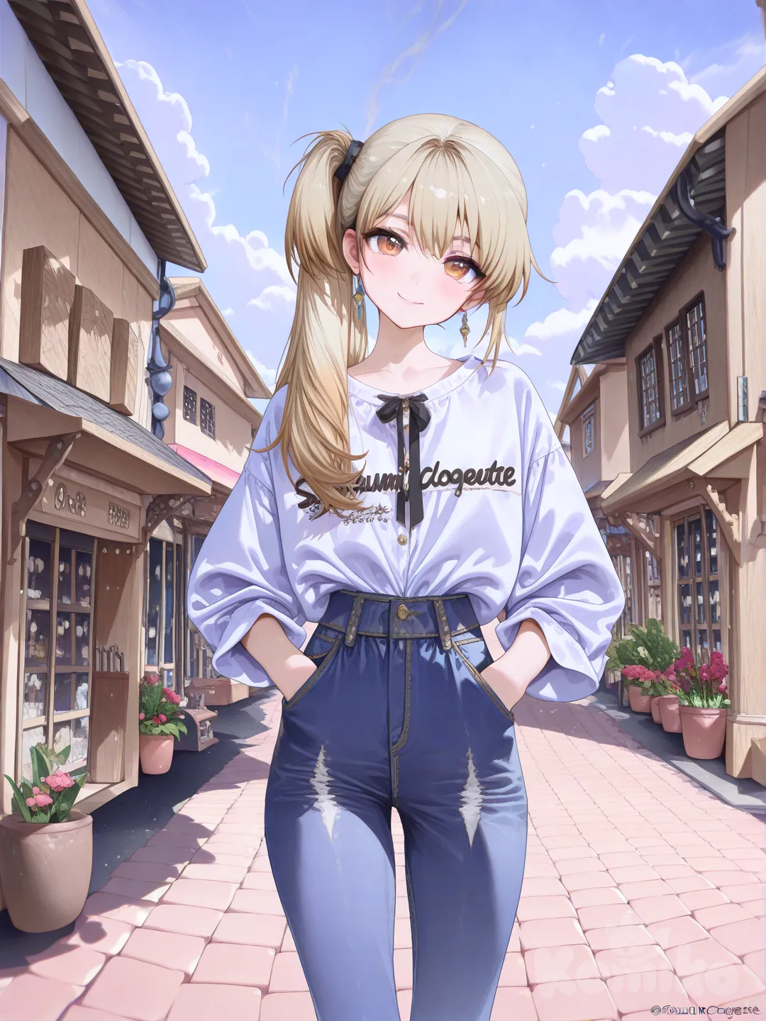1girl, hands in pockets, head tilt, bohemian shirt, jeans, earrings, blonde hair, side ponytail, looking at viewer, village, [high-gloss-illustration-style]