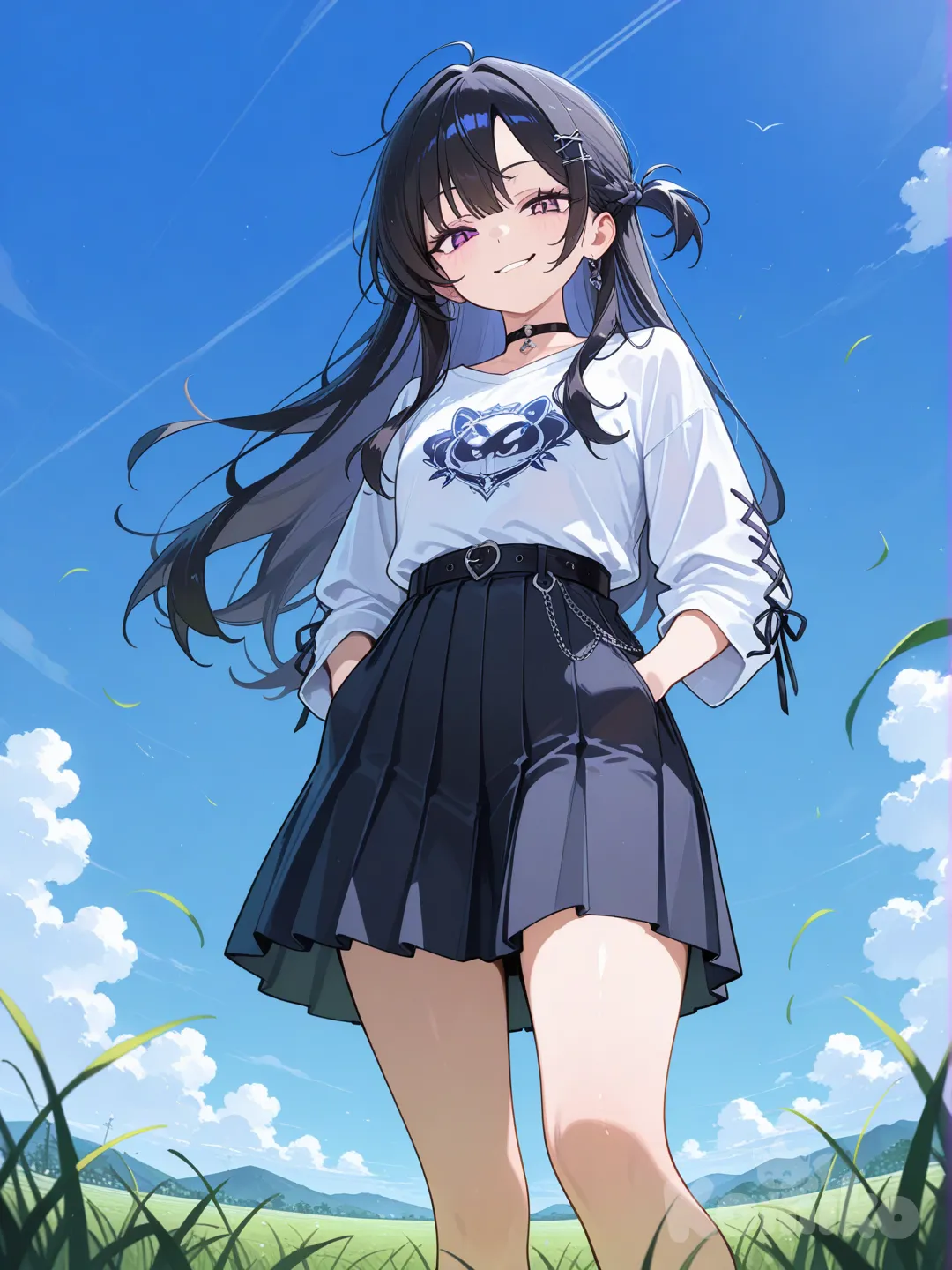 1girl, hands in pockets, smirk, bohemian shirt, pleated skirt, choker, hairpin, from below, field