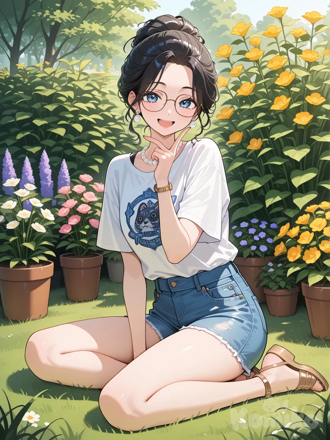 blue eyes, 1girl, sitting on the ground, v sign, laughing, t-shirt, denim shorts, earrings, pearls, glasses, updo, full body, garden