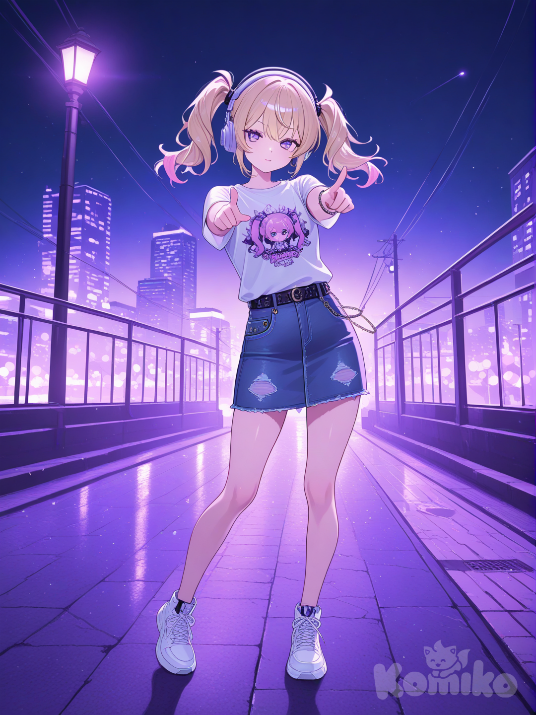 1girl, t-shirt, denim skirt, bracelet, headphones, twin tails, looking at viewer, full body, depth of cityscape, dancing, pointing at viewer