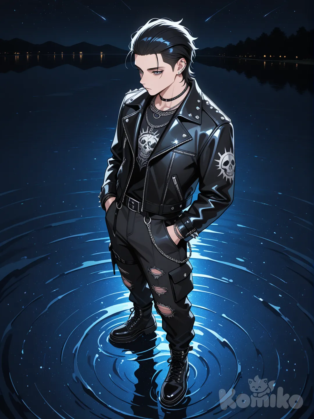 punk leather jacket, cargo pants, jewelry, slicked-back hair, burgundy, charcoal black, 1boy, hands in pockets, full body, from above, night, lake
