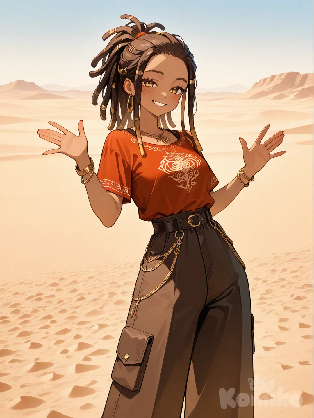 1girl, bohemian shirt, wide-leg pants, bracelet, dreadlocks, burgundy, waving, blush, looking at viewer, day, desert
