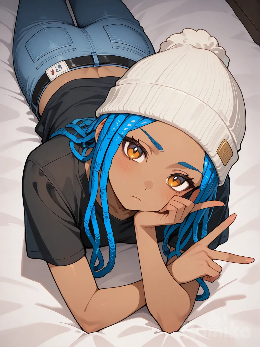1girl, v sign, head tilt, lie on stomache, frown, t-shirt, jeans, beanie, jewelry, dreadlocks, klein blue, looking at viewer