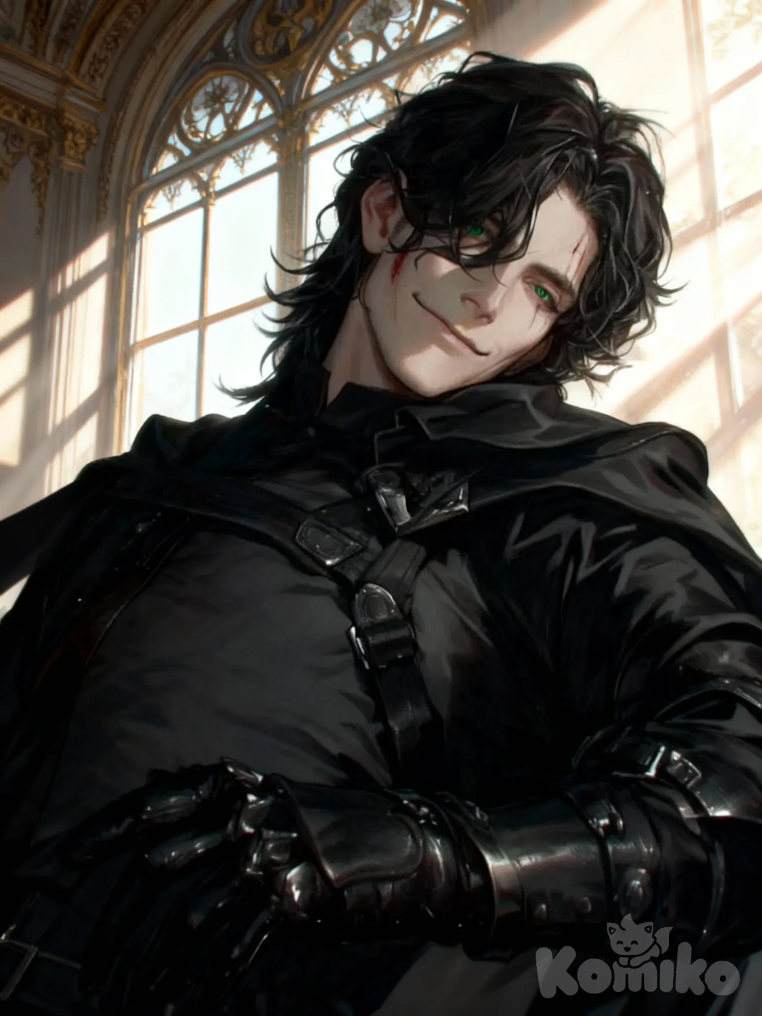 A man, handsome, attractive, middle-aged, mature, with long, unruly black hair, green eyes, pale skin, wearing black armor, with a small vertical scar above his right eye, a bloodstain on his face, and a mysterious smile. Palace windows in the background, with dynamic light, 1000154777