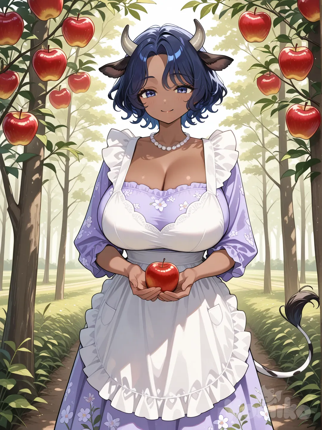 1 woman, cow girl, short wavy dark blue hair, brown skin, blue eyes, cow horns, huge breasts, smile, visible pearl necklace, cow tail, pale lilac floral dress with matching apron, elegant neckline, rural forest in the background, picking apples from a tree