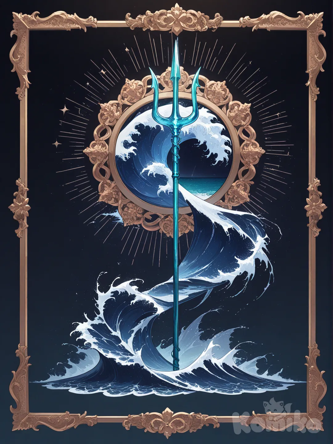 Water and crystal trident, elegant and coherent shape, in the center of the tide, dark background, orc frame, concise patterns in the frame