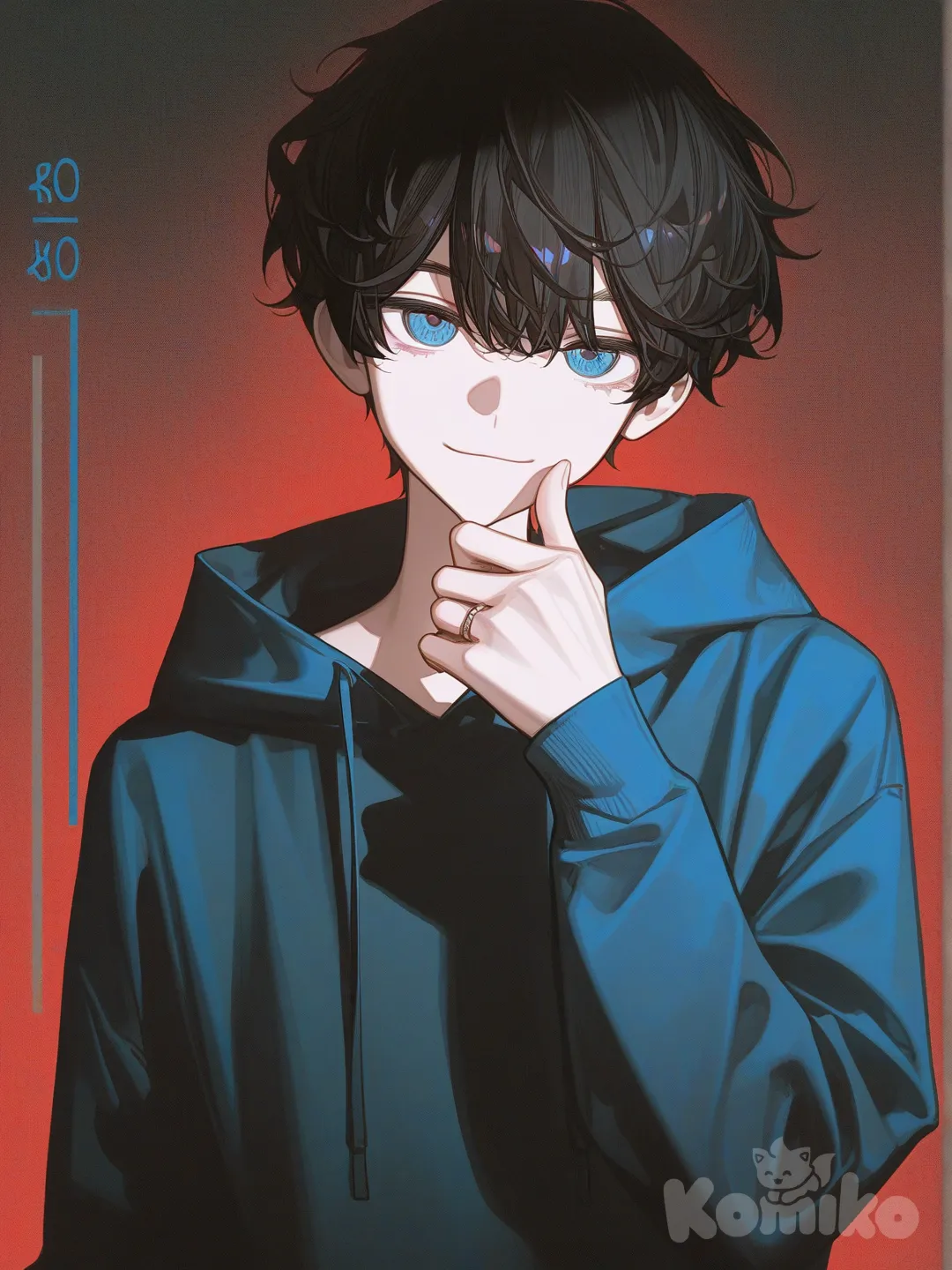 [high-contrast-glossy-style]um garoto adolescente lindo de cabelo preto cacheados curto , olhos azuis lindos, o casaco moletom de manga alta azul e uma aliança de namoro na mão ,ele tá sorrindo