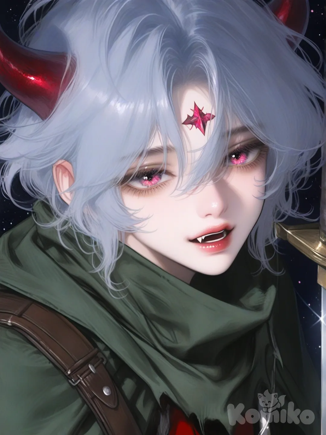 Ela oni é uma adolescente de aparência mística, com traços delicados e expressão calma, porém vigilante.
Seus cabelos azul-claro ondulam em mechas curtas e volumosas, brilhando como poeira estelar à luz.
Dois chifres vermelhos curvados emergem de sua cabeça, contrastando com a suavidade do rosto.
Seus olhos rosados são intensos e profundos, refletindo curiosidade, coragem e um leve mistério. Com dente de ogros 
Um símbolo vermelho em forma de losango marca sua testa, sugerindo origem arcana ou ritualística.
Ela veste roupas práticas de aventureira, em tons claros, com tiras e fivelas de couro.
Um manto verde envolve seu pescoço e ombros, trazendo a sensação de viagem e proteção.
Uma espada presa às costas indica que ela está pronta para o combate, mesmo em silêncio.
A luz do ambiente cria partículas cintilantes ao redor, dando um ar etéreo e mágico à cena.
No conjunto, ela transmite força contida, inocência e um destino grandioso ainda em construção., [semi-realistic-portrait-style]