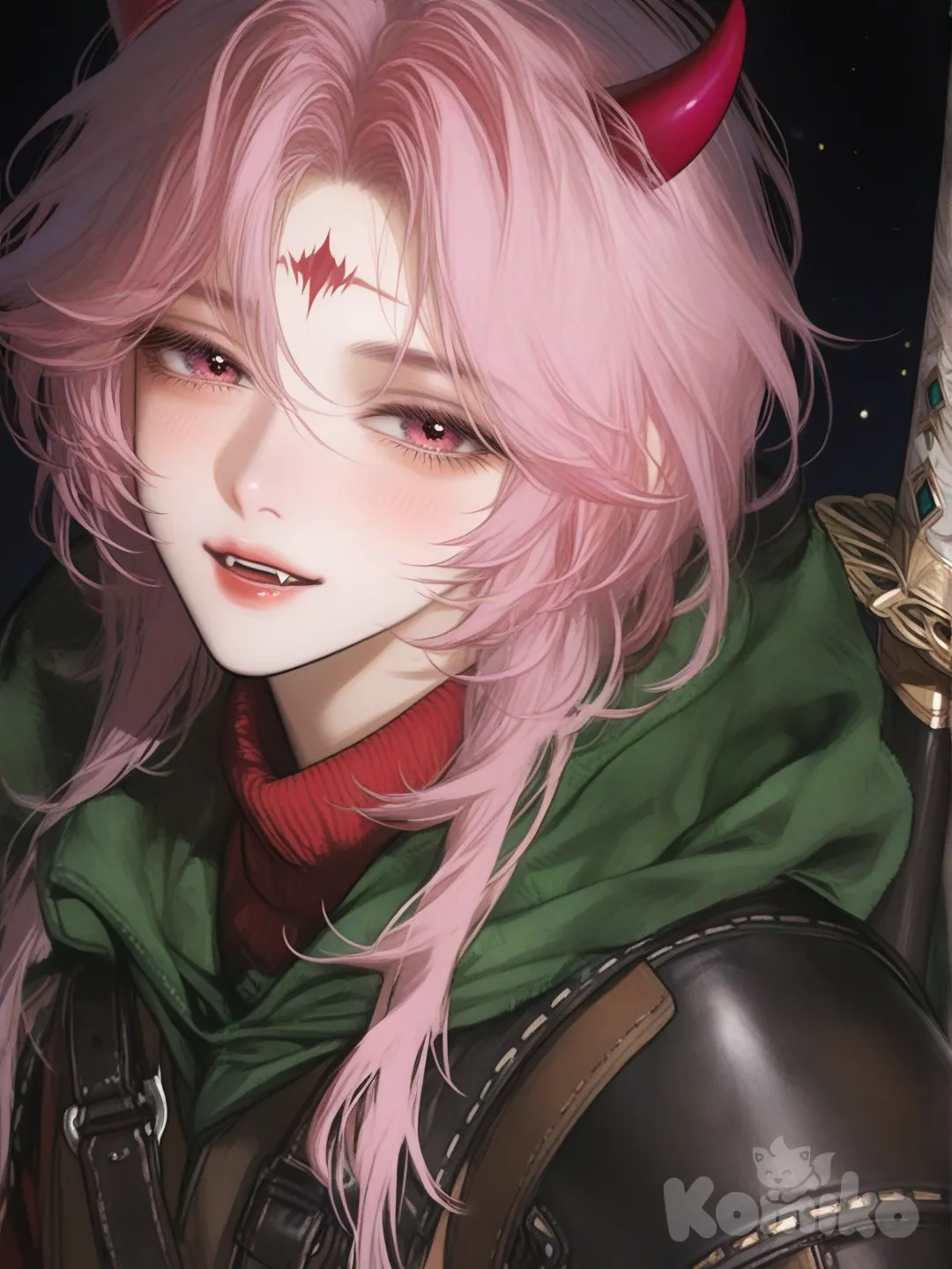 Ela garota ogra é uma adolescente de aparência mística, com traços delicados e expressão calma, porém vigilante.rosto feminino 
Seus cabelos azul-claro ondulam em mechas curtas e volumosas, brilhando como poeira estelar à luz.
Dois chifres vermelhos curvados emergem de sua cabeça, contrastando com a suavidade do rosto.
Seus olhos rosados são intensos e profundos, refletindo curiosidade, coragem e um leve mistério. Com dente de ogros 
Um símbolo vermelho em forma de losango marca sua testa, sugerindo origem arcana ou ritualística.
Ela veste roupas práticas de aventureira, em tons claros, com tiras e fivelas de couro.
Um manto verde envolve seu pescoço e ombros, trazendo a sensação de viagem e proteção.
Uma espada presa às costas indica que ela está pronta para o combate, mesmo em silêncio.
A luz do ambiente cria partículas cintilantes ao redor, dando um ar etéreo e mágico à cena.
No conjunto, ela transmite força contida, inocência e um destino grandioso ainda em construção., [semi-realistic-portrait-style]