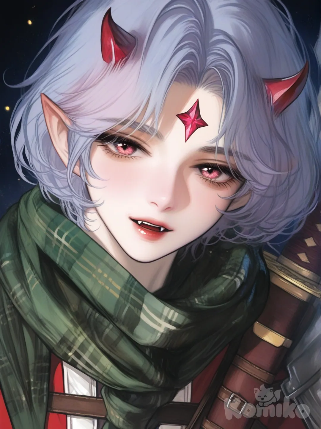 Ela garota ogra é uma adolescente de aparência mística, com traços delicados e expressão calma, porém vigilante.rosto feminino 
Seus cabelos azul-claro ondulam em mechas curtas e volumosas, brilhando como poeira estelar à luz.
Dois chifres vermelhos emergem de sua cabeça, contrastando com a suavidade do rosto.
Seus olhos rosados são intensos e profundos, refletindo curiosidade, coragem e um leve mistério e ingenuidade. Com dente de ogros 
Um símbolo vermelho em forma de losango marca sua testa 
Ela veste roupas práticas de aventureira, em tons claros, com tiras e fivelas de couro.
Um cachecol verde envolve seu pescoço e ombros, trazendo a sensação de viagem e proteção.
Uma espada presa às costas indica que ela está pronta para o combate, mesmo em silêncio.
A luz do ambiente cria partículas cintilantes ao redor, dando um ar etéreo e mágico à cena.
No conjunto, ela transmite força contida, inocência e um destino grandioso ainda em construção., [semi-realistic-portrait-style]