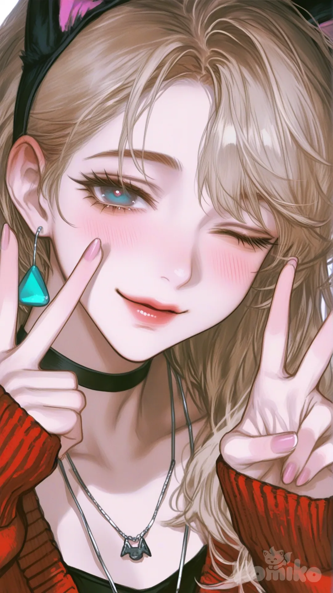 @Gwen_Stacy, one eye closed, [semi-realistic-portrait-style], v sign, blush, warm smile, closed mouth, cat ears, earrings, necklace, choker, knitted cardigan